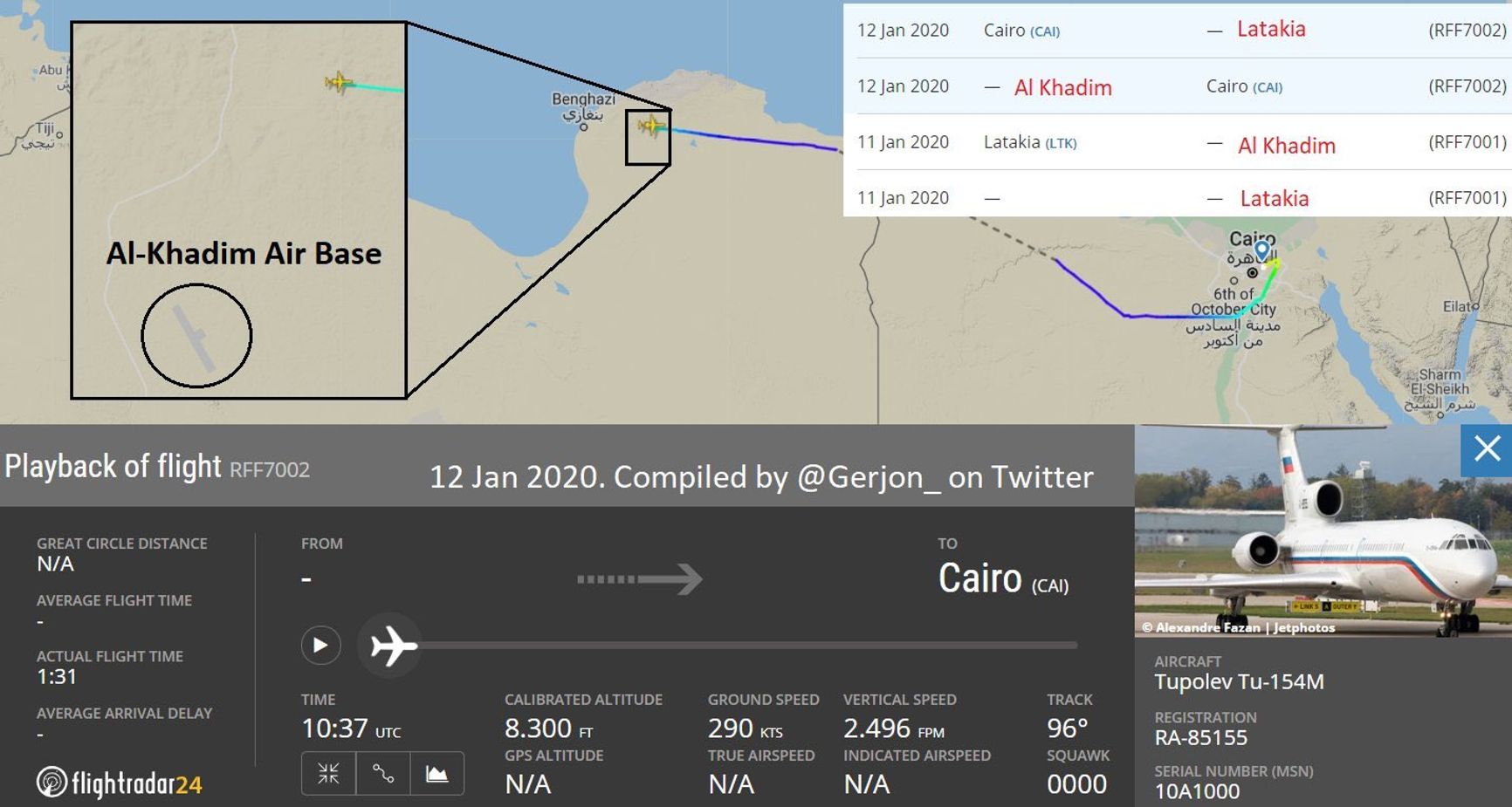 Пример маршрута самолета ВС РФ RA-85155 между Каиром и военной базой «Аль-Хадим» в Ливии.