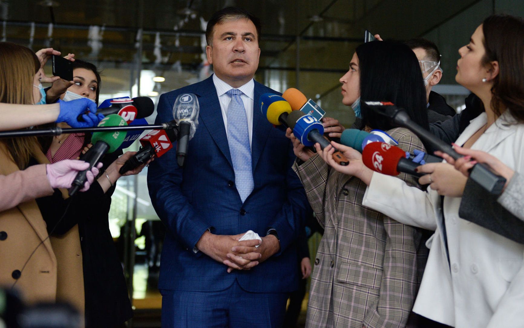 Mikheil Saakashvili addresses journalists after a meeting with members of Ukraine's Servant of the People parliament fraction in Kyiv, Ukraine, on April 24, 2020
