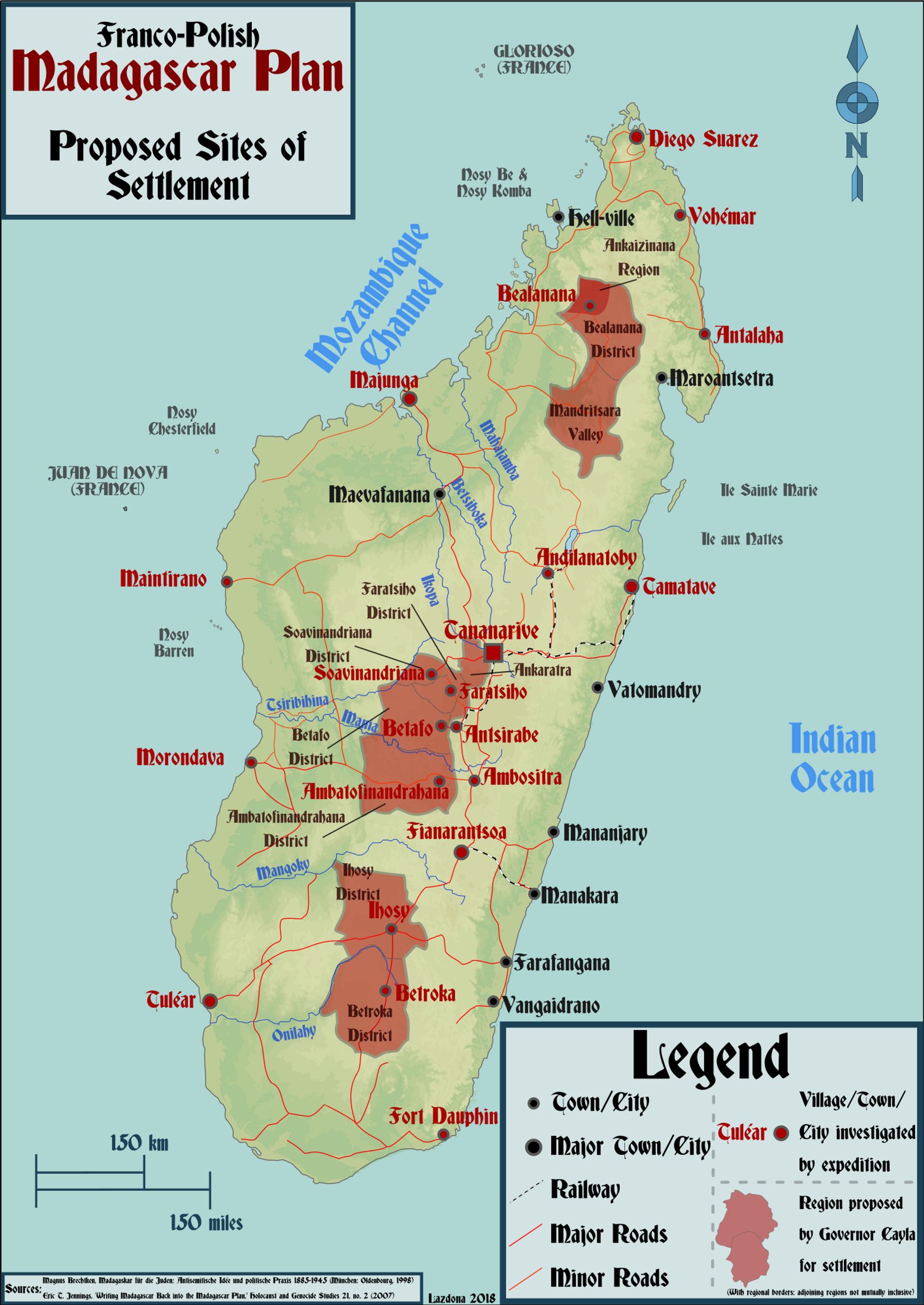 Предлагаемые участки для расселения евреев на Мадагаскаре в соответствии с французско-польской версией плана 1937 года