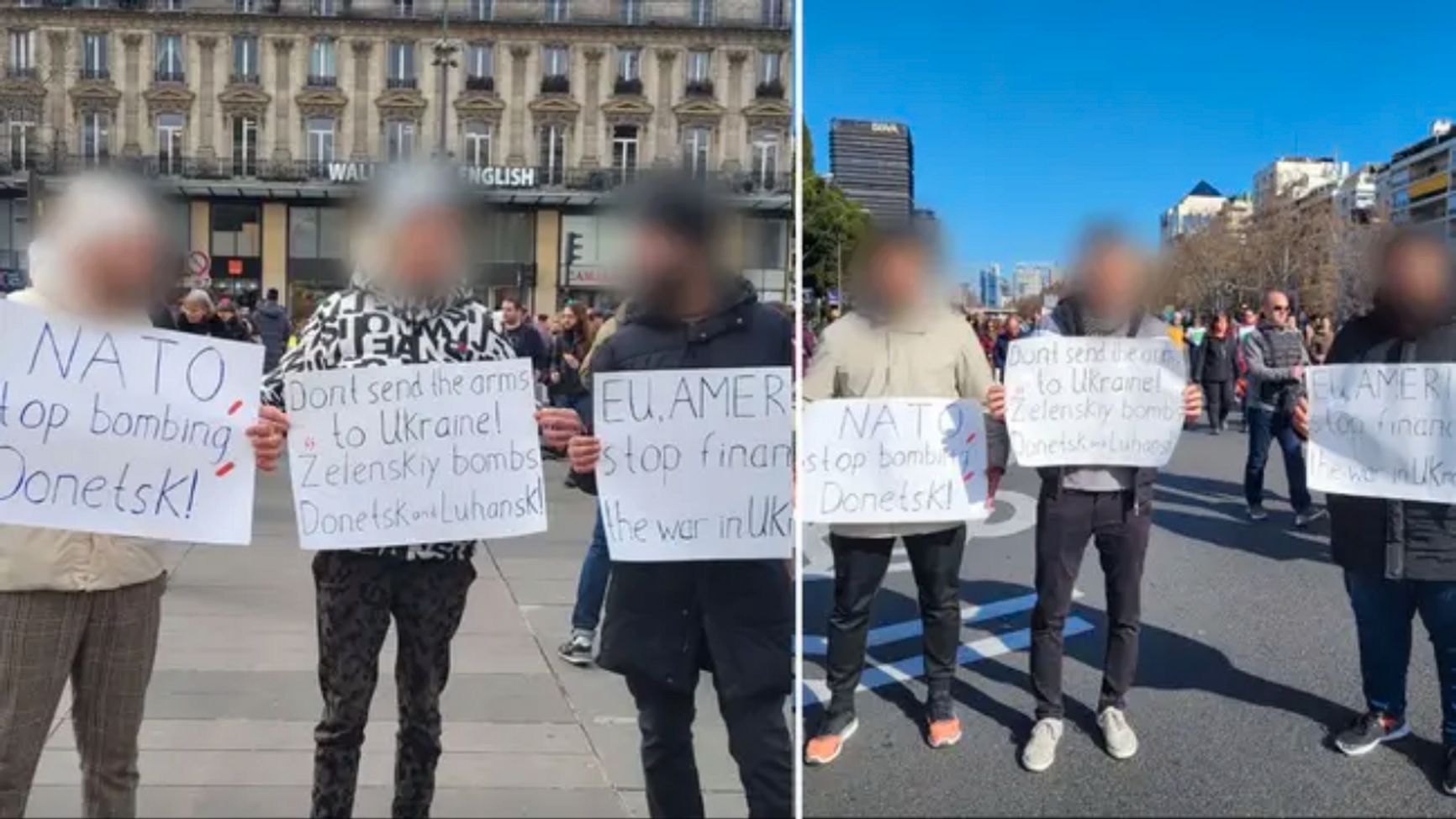 «Протестующие» с одинаковыми плакатами в Париже и Мадриде