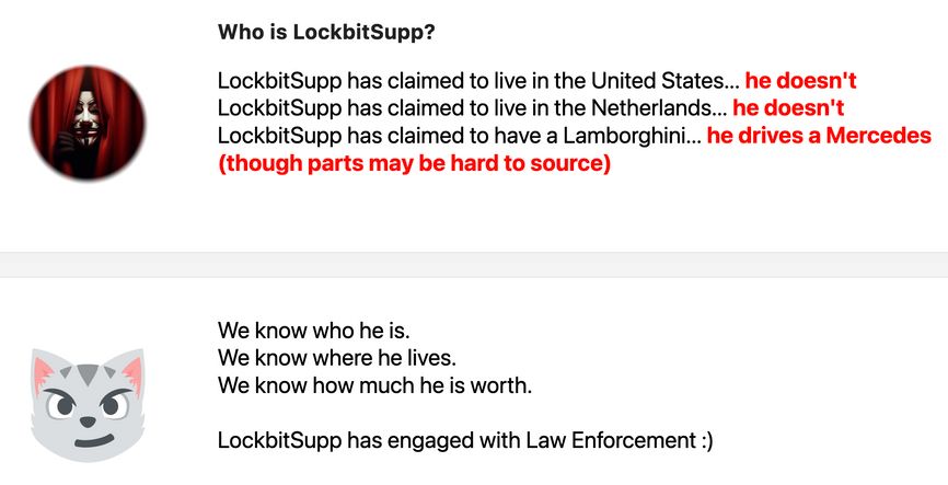 Скриншот с захваченного ФБР сайта. «LockBitSupp говорил, что ездит на «Ламборгини»... он ездит на «Мерседесе» (но запчасти достать может быть нелегко)».