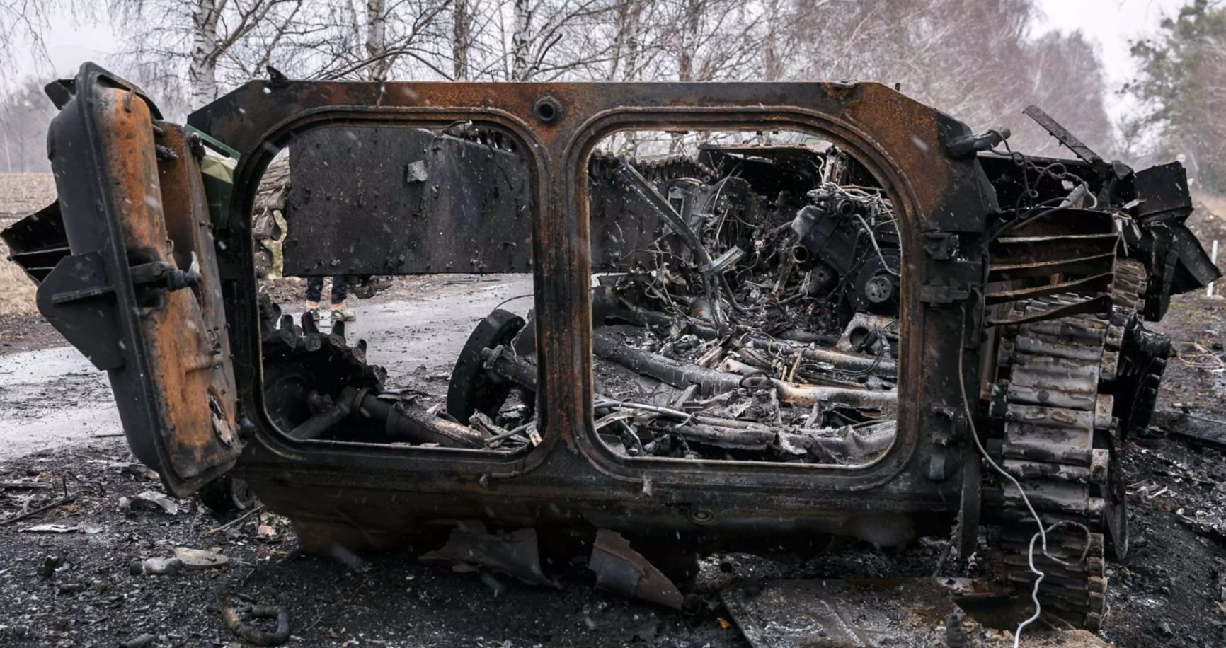 Remains of a burned-out BMP armored vehicle on the way to Motyzhyn 