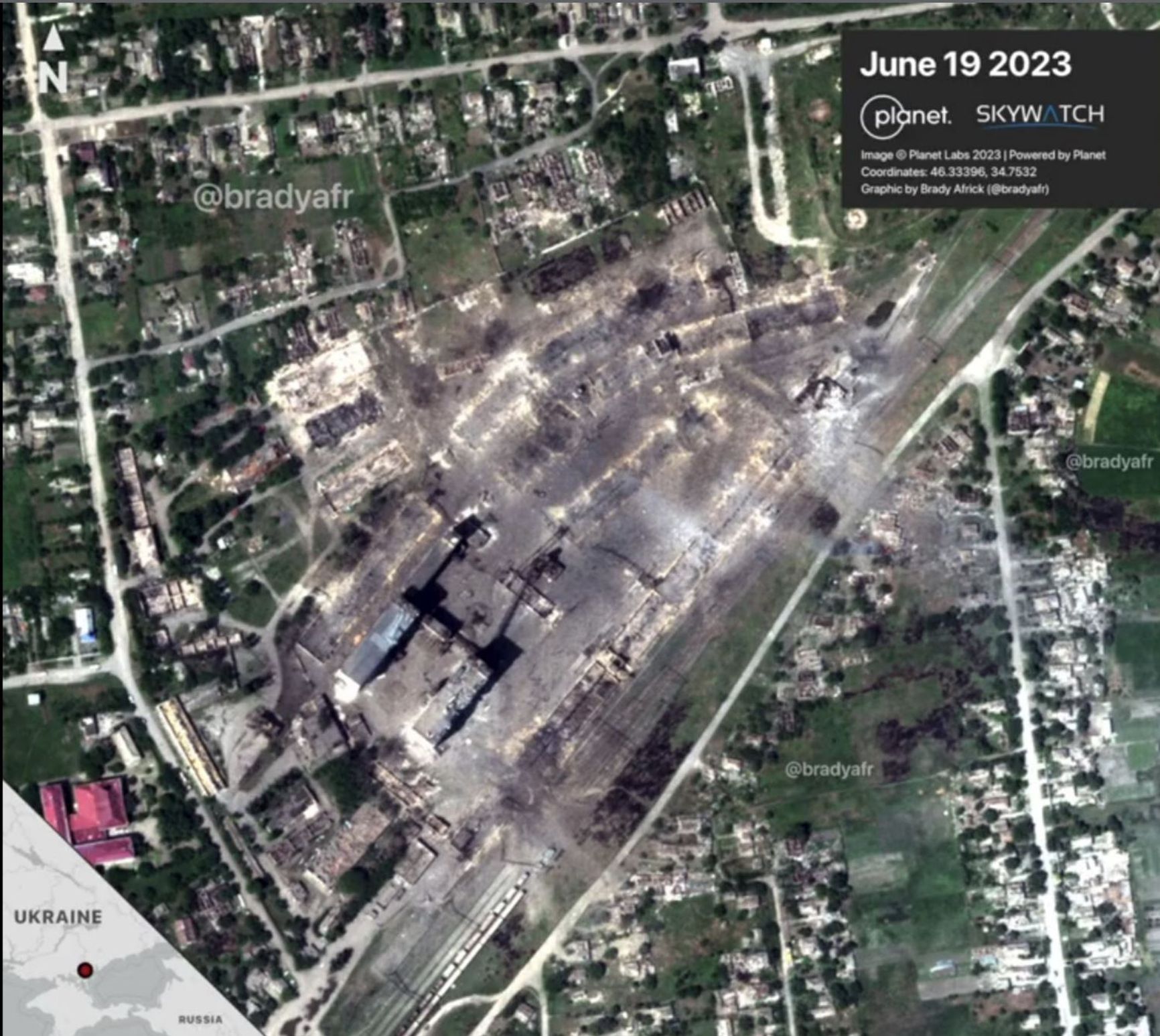 Satellite image of the aftermath of the strike on ammunition depots in Rykove 