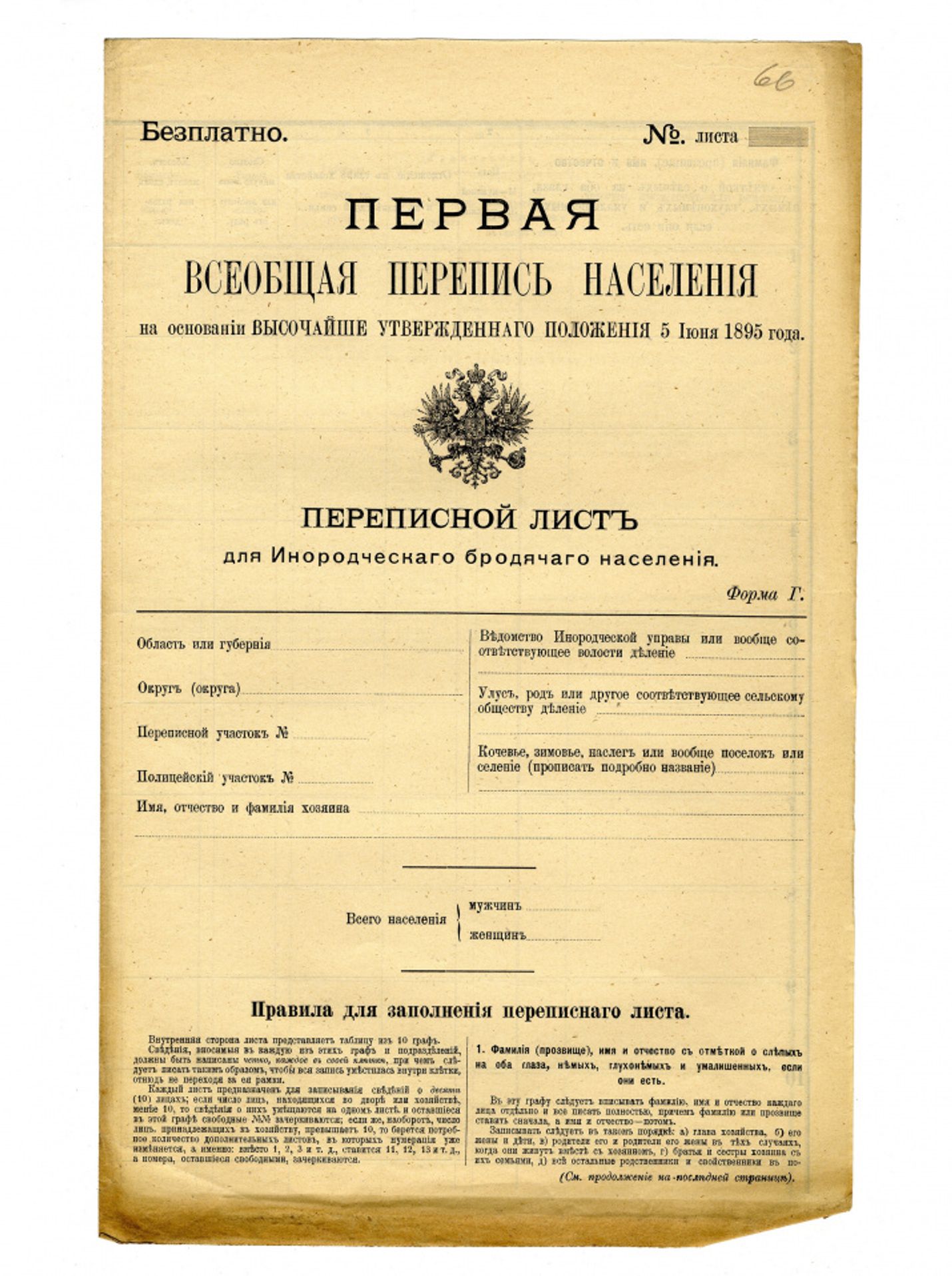 Бланк Первой всеобщей переписи населения Российской Империи
