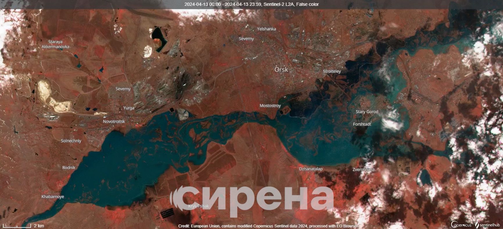 Satellite imagery of Orsk and the surrounding area on April 14, 2024 — 9 days after the dam broke