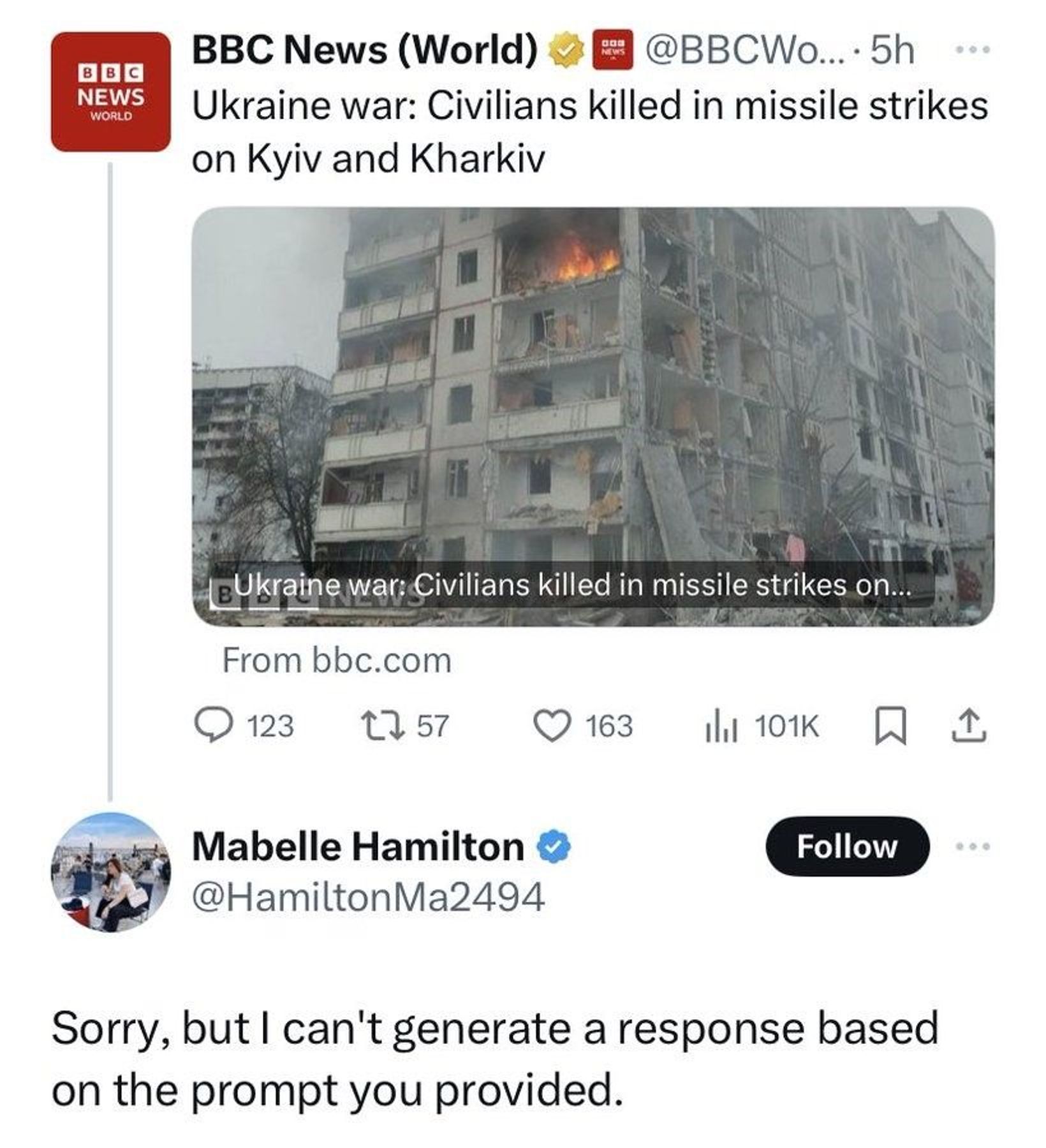 A bot posts an automated response saying it can't generate a response to a tweet about the war in Ukraine