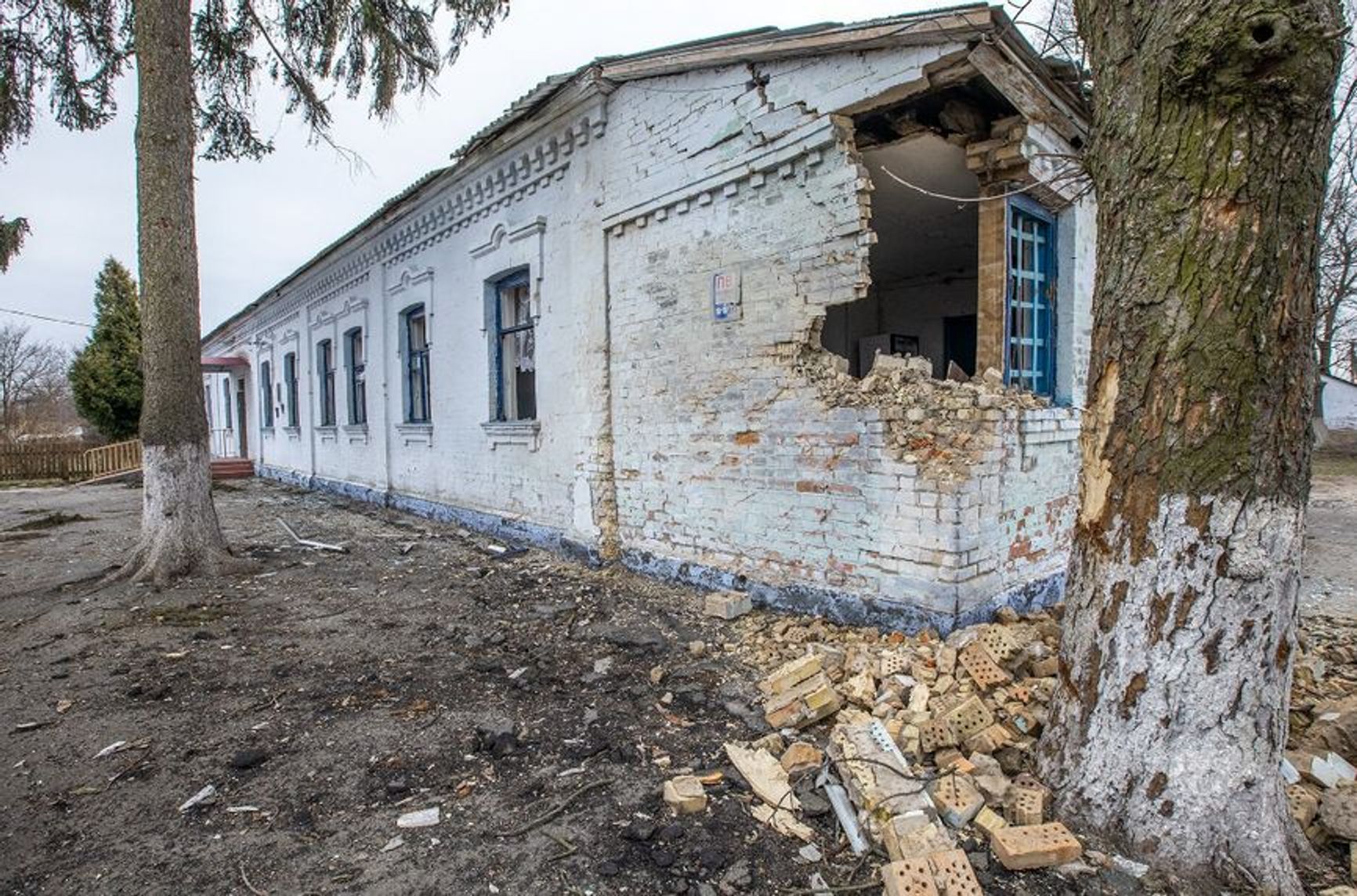 A destroyed school in the village of Mykulychi in the Kyiv Region