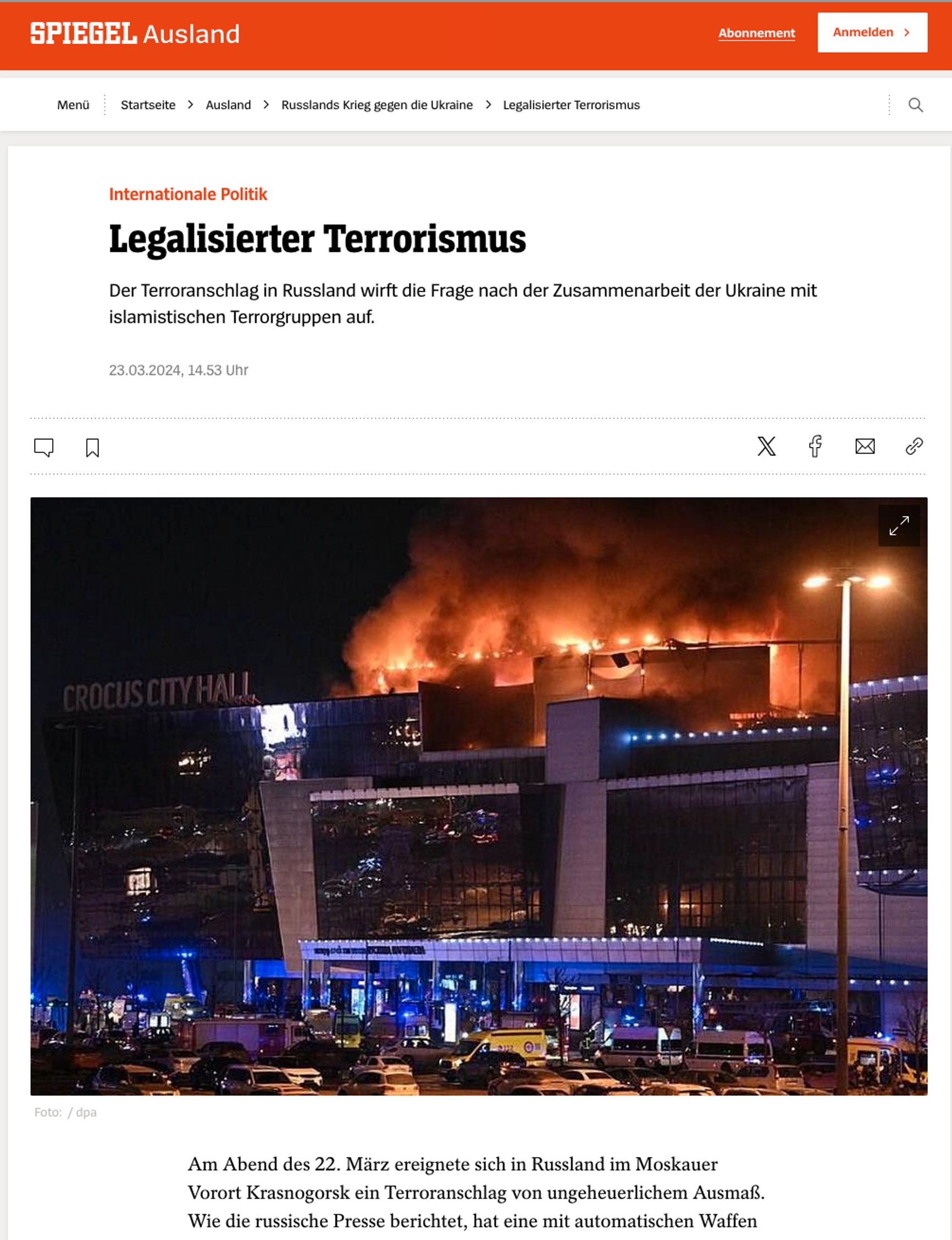 Article titled “Legalized Terrorism. A terrorist attack in Russia raises the question of Ukraine's cooperation with Islamist terrorist groups” posted on a cloned Der Spiegel website