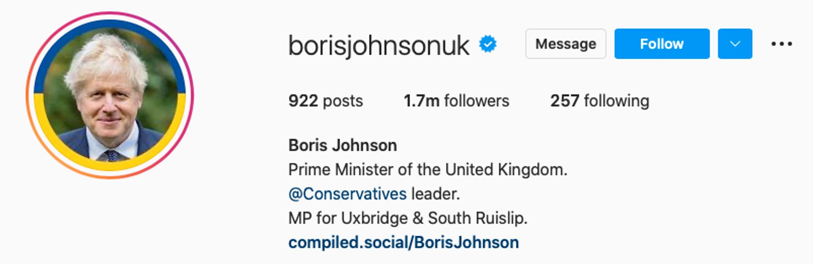 Хотя имя пользователя в Instagram читается как "Boris Johnson UK", его можно прочитать и как "Борис Джонсонюк"