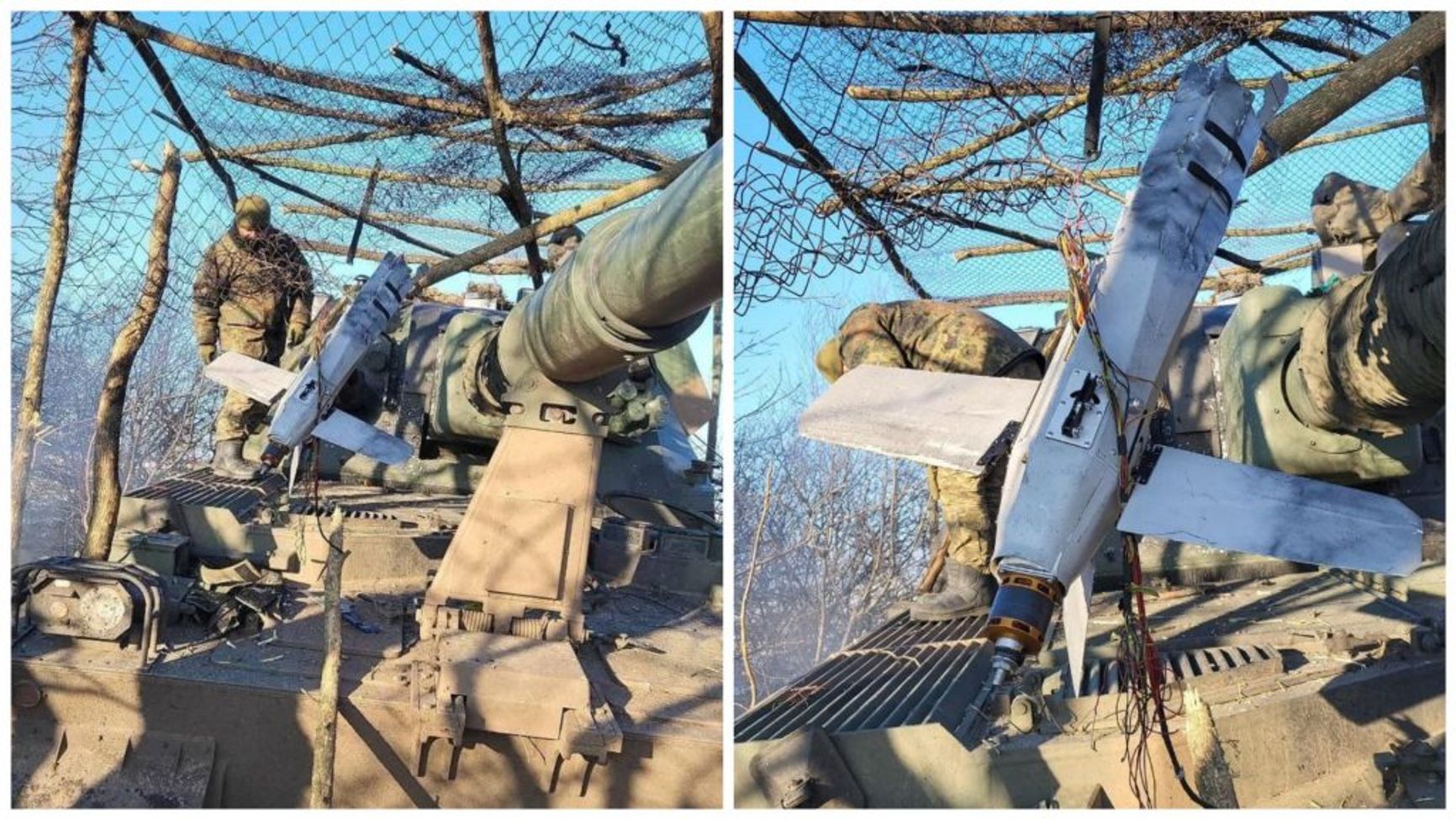 A Russian Lancet loitering munition stuck in a metal net deployed over a Ukrainian military Krab ACS, January 2023, Ukraine