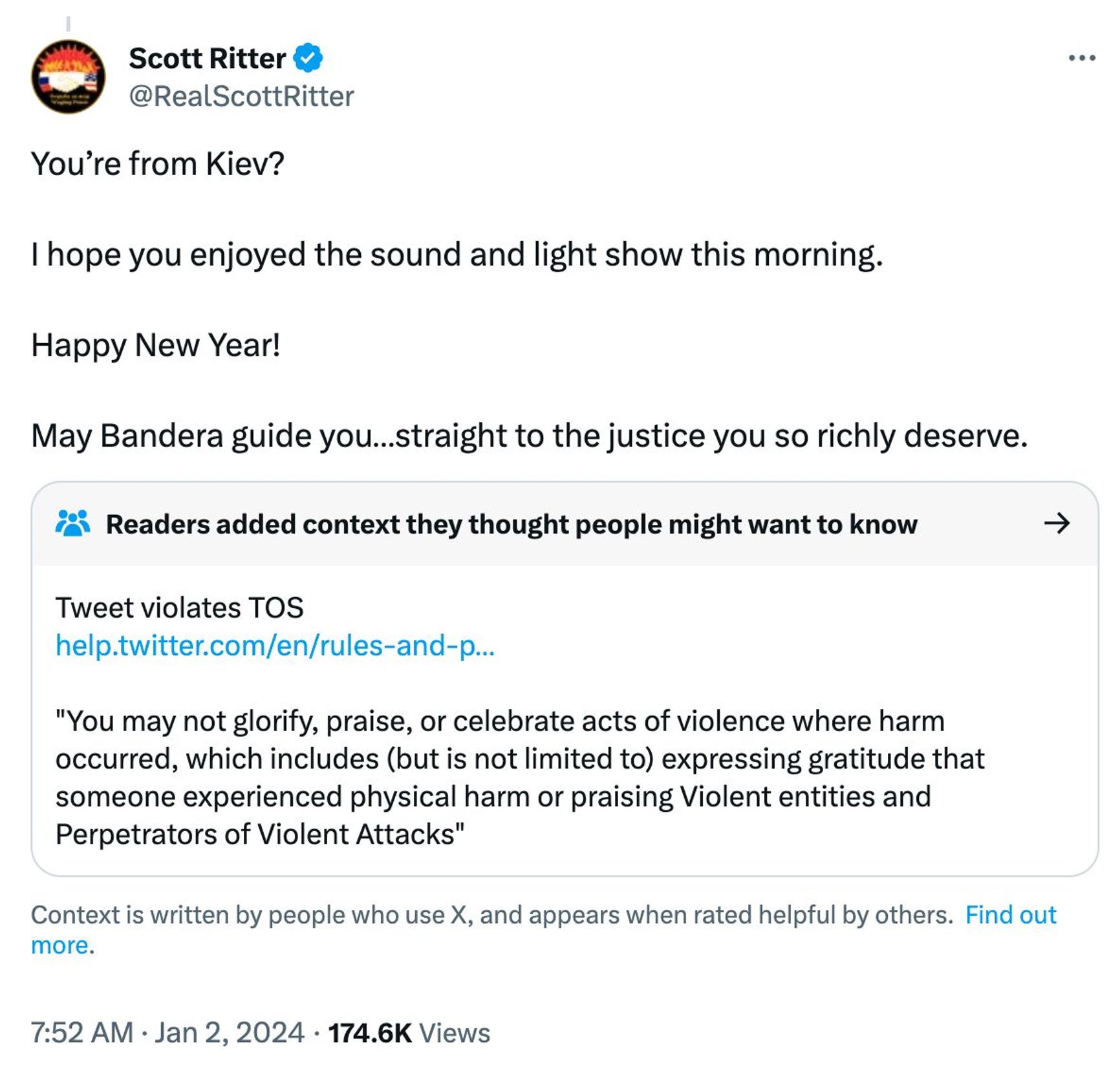 Scott Ritter celebrating Russia's missile attack on Kyiv on January 2, 2024. The post has been removed for violating the platform's Terms of Service (TOS).