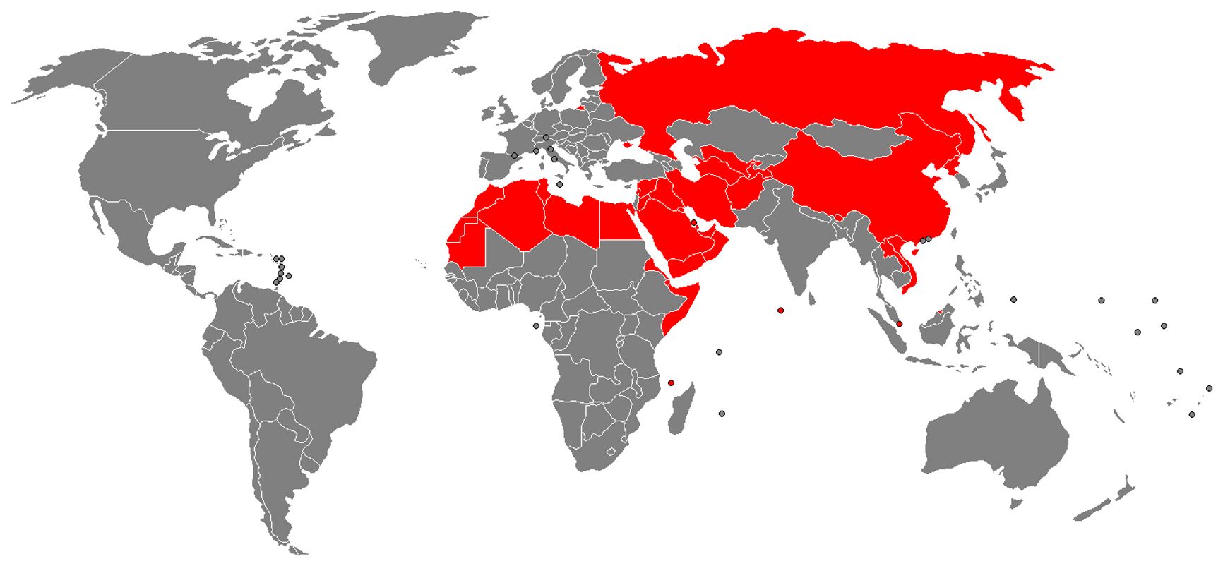Красным цветом показаны страны, где деятельность «Свидетелей Иеговы» запрещена