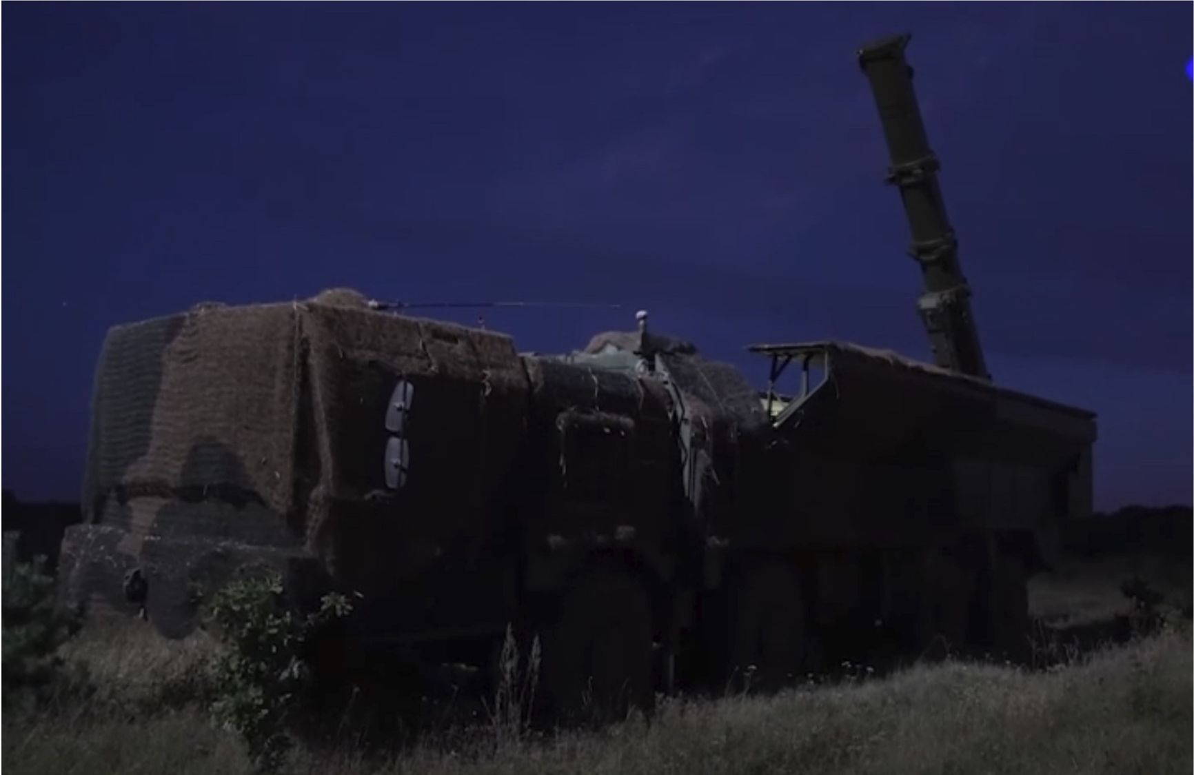 Screenshot of a video distributed by the Russian Ministry of Defense showing a night launch of an Iskander missile 