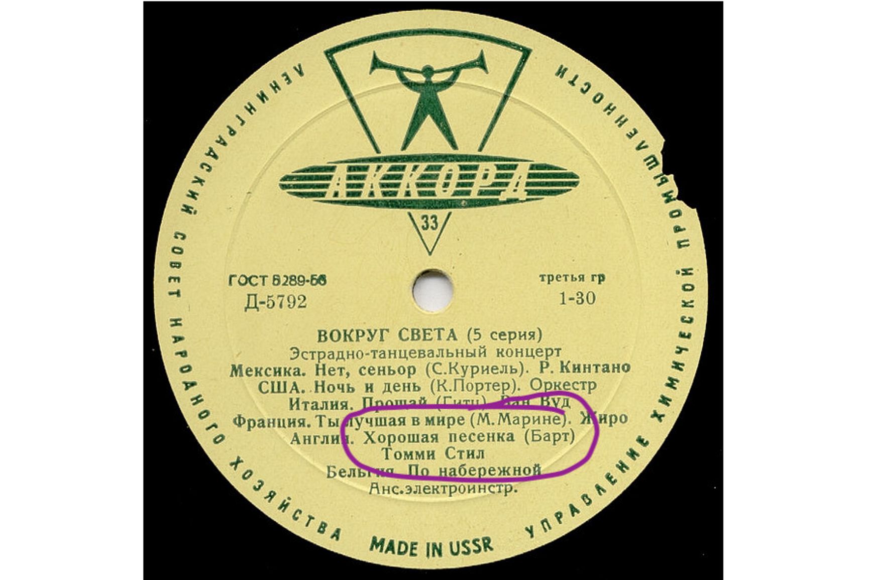 Лейбл советского диска с хитом Томми Стила