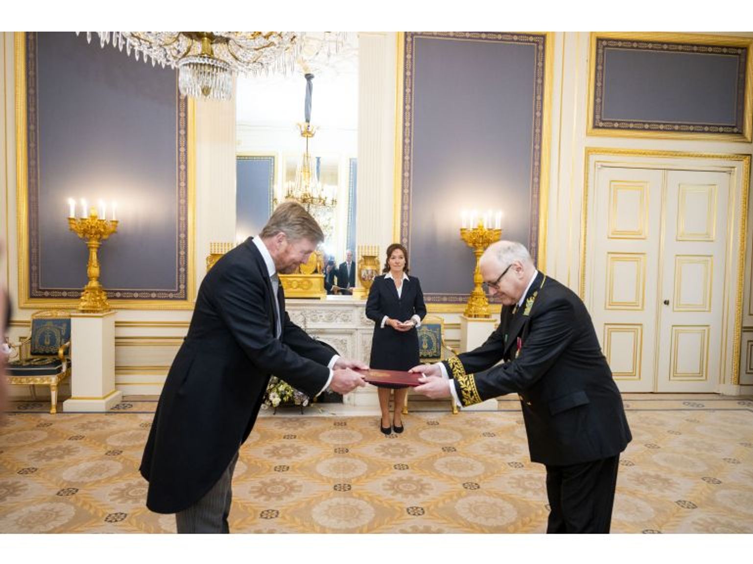 Russian Ambassador Extraordinary and Plenipotentiary Vladimir Tarabrin presenting King Willem-Alexander of The Netherlands with a letter of credence