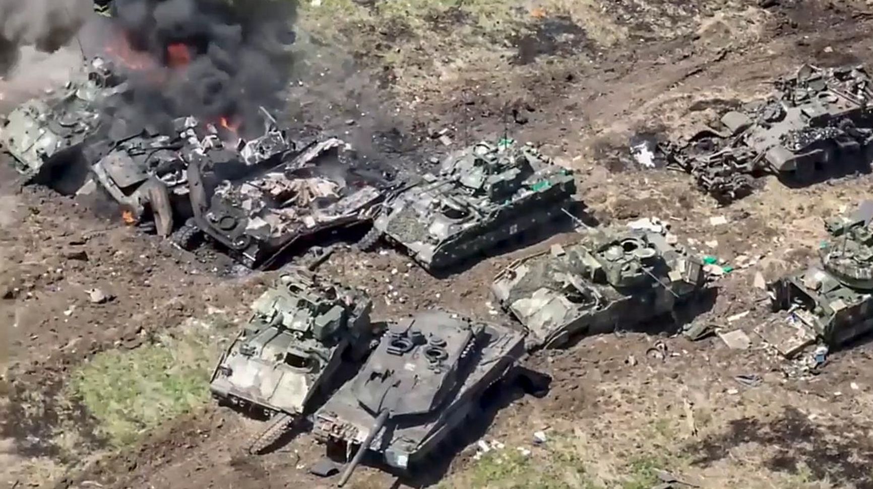 Damaged Ukrainian armored vehicles, including Leopard tanks, near Zaporizhzhia, June 2023