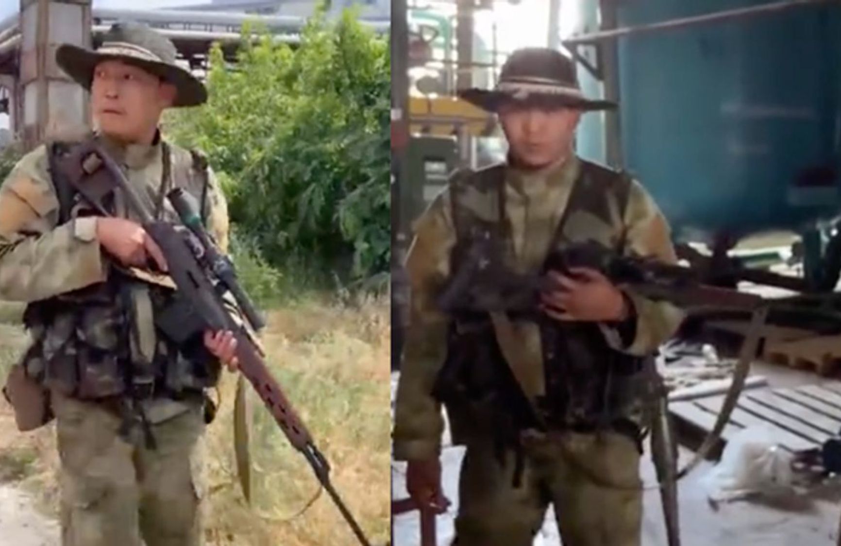Two screenshots from a video report published by RT of “Akhmat” fighters at the Azot plant in Severodonetsk