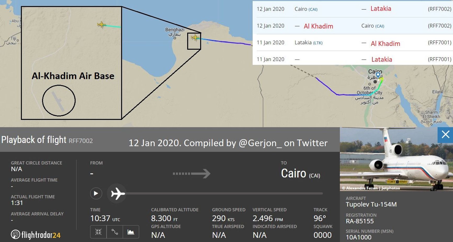 A flight route of Russian Air Force aircraft RA-85155 between Cairo and the Al-Khadim military base in Libya  January 2020,