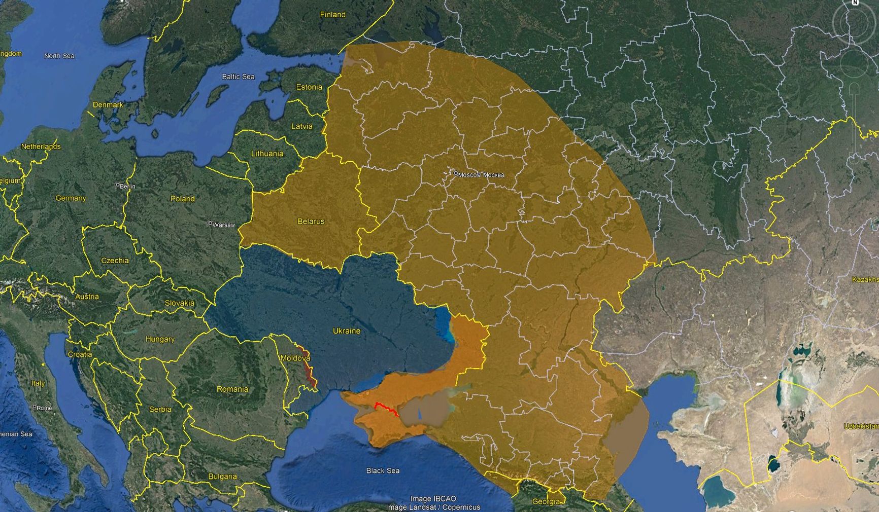 Радиус 1000 км от подконтрольной Украине территории