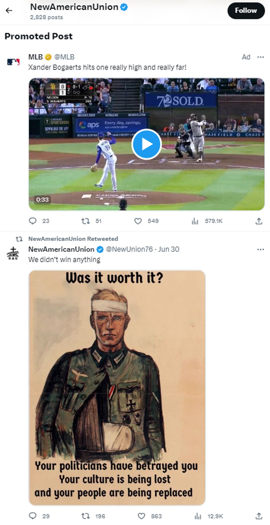Один из примеров рекламы Главной лиги бейсбола (MLB) в одной ленте с твитами аккаунта, прославляющего Гитлера.