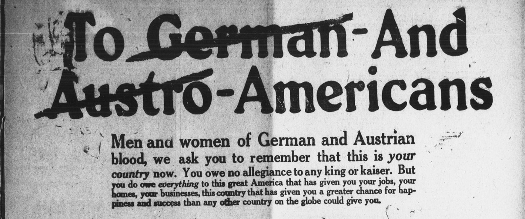 Часть рекламы Liberty Bond, в которой американцев немецкого и австрийского происхождения убеждают в лояльности Соединенным Штатам.