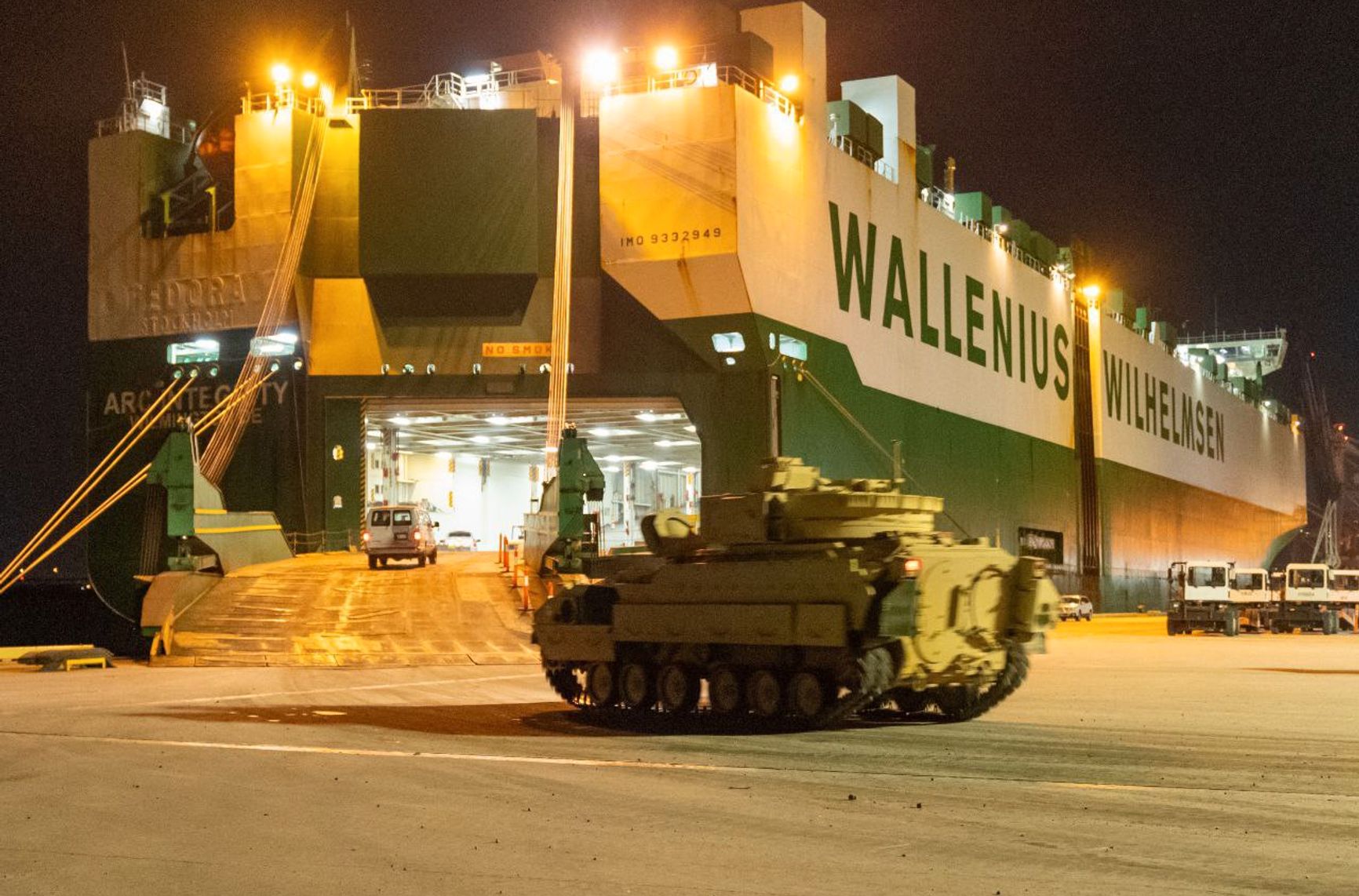 A Bradley IFV is loaded onto a ship at the port in North Charleston, South Carolina, on January 25, 2023