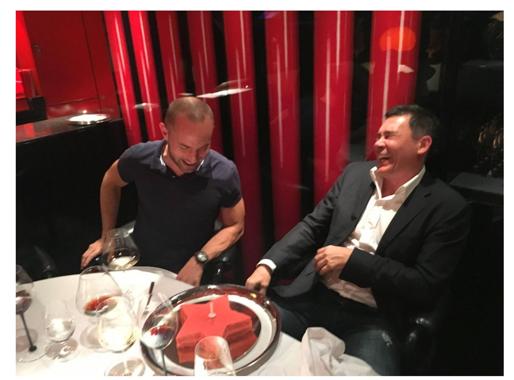 Jan Marsalek and Stanislav Petlinsky celebrating Petlinsky’s birthday at the Munich restaurant "Tantris".