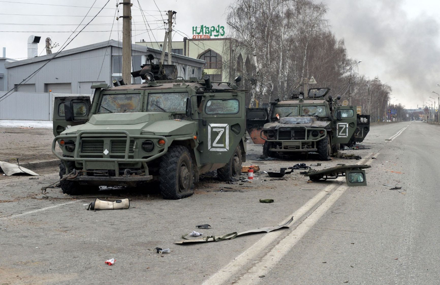 Russian convoy destroyed in Kharkiv on February 28, 2022.