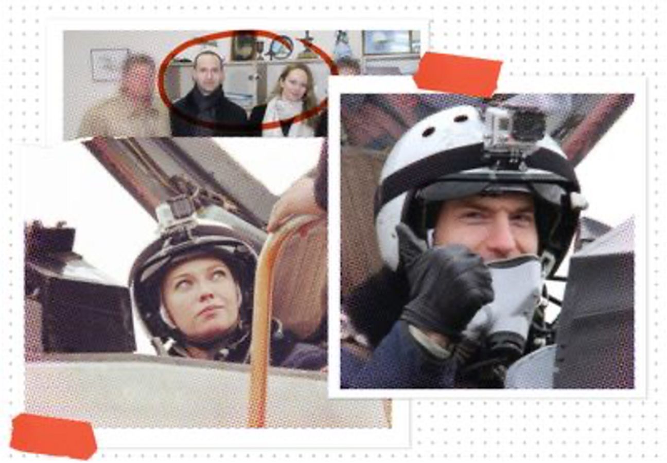 At the top, Natalia Zlobina and Jan Marsalek pictured together. On the bottom, Natalia and Jan on the board of the Russian MiG fighter jet in May 2016.