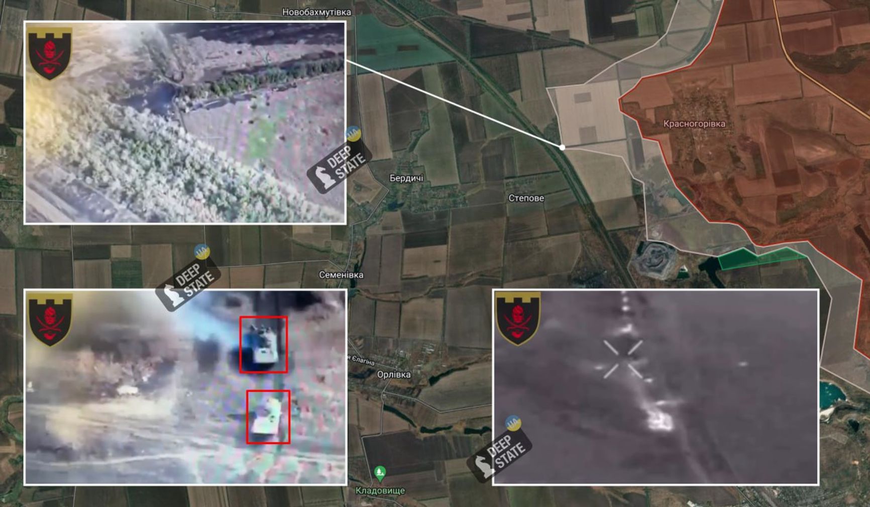 Геолоцированные украинским OSINT-ресурсом DeepState видео с потерями российской техники севернее Авдеевки