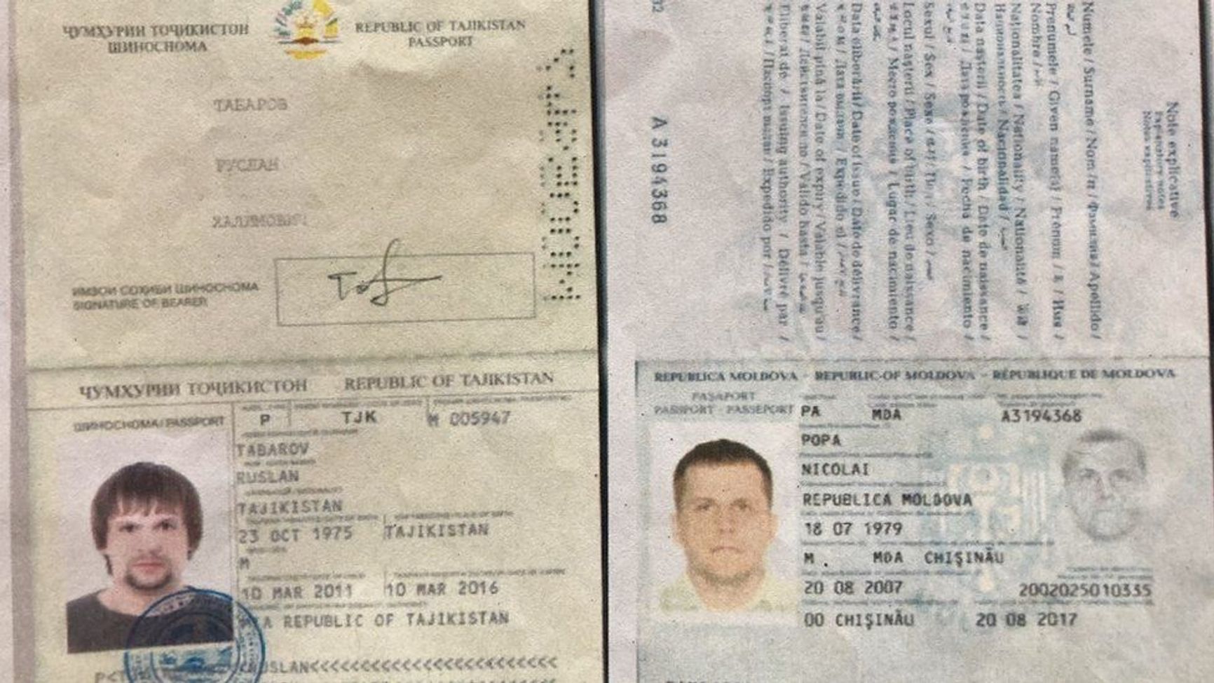 Photoshopped passport pages for Unit 29155 operatives Alexander Mishkin and Anatoly Chepiga, sent by their commander Gen. Andrey Averyanov, so they could gain access to the Vrbětice storage facility