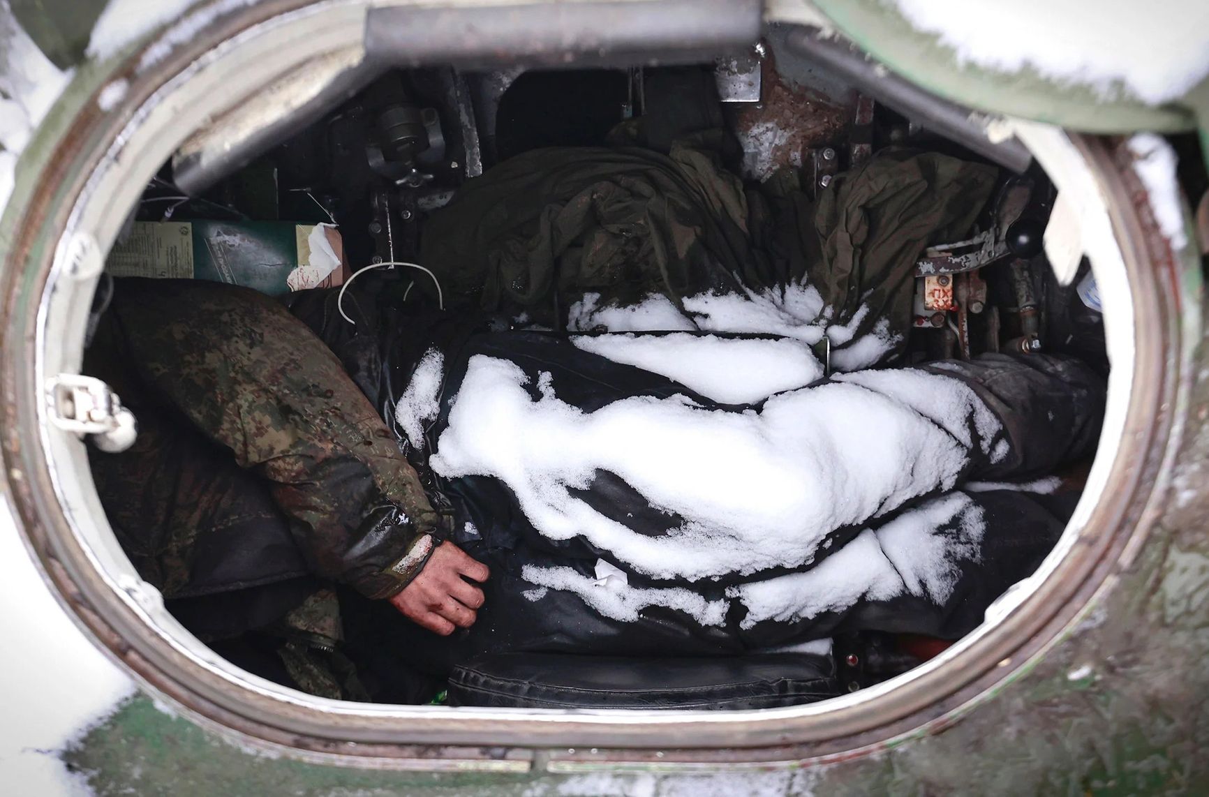 The dead bodies of soldiers are seen in a military vehicle on a road in the town of Bucha, close to the capital Kyiv, Ukraine, on March 1.
