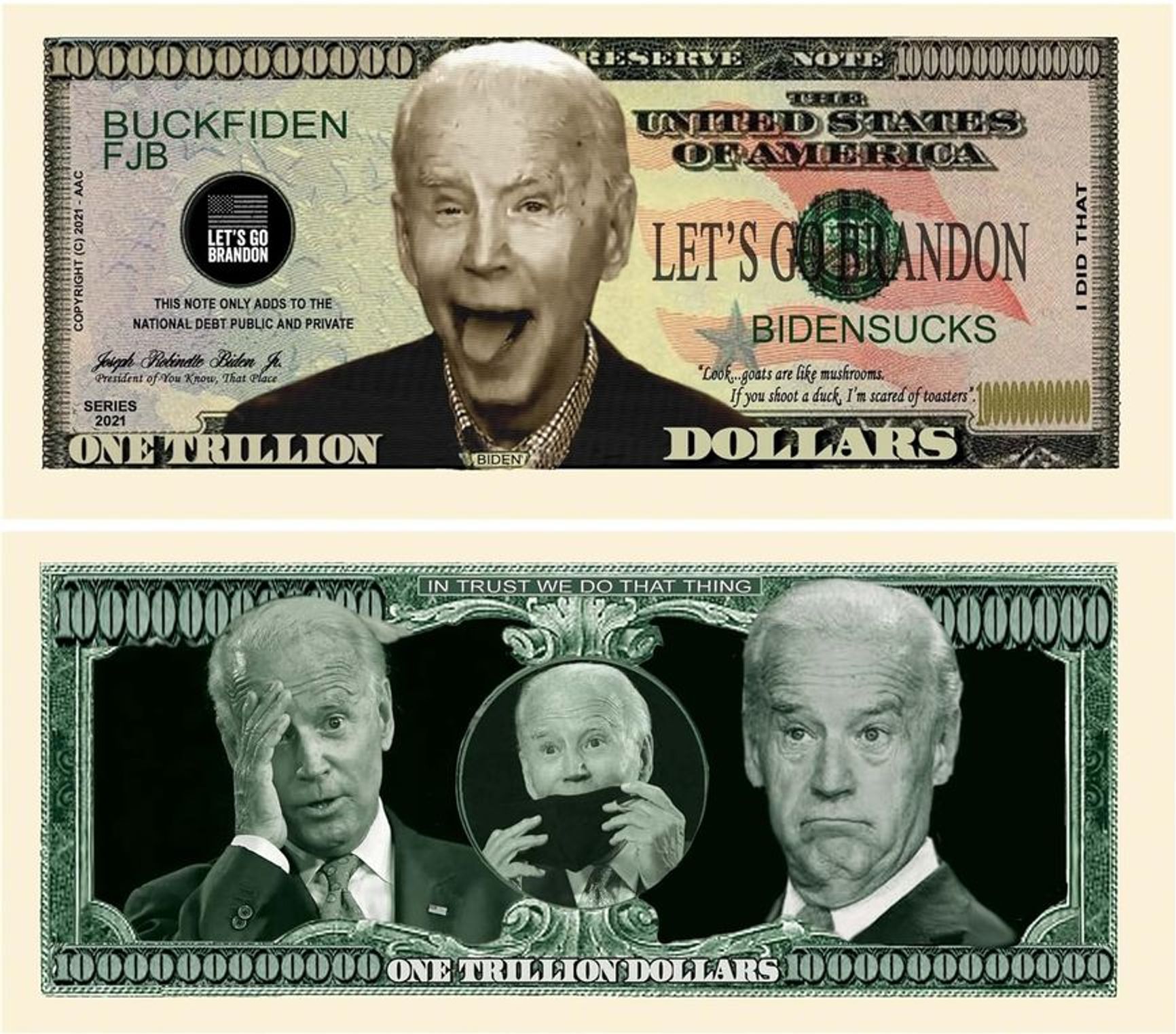 Novelty trillion U.S. dollar notes with Joe Biden's image spread by the Trump campaign