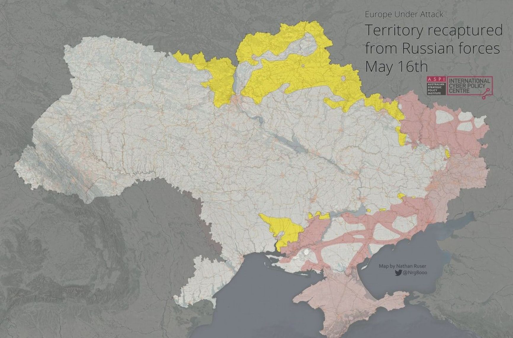 Карта, опубликованная в мае. Желтое — территории, освобожденные ВСУ. Красное — территории, занятые ВС РФ и формированиями «ЛДНР». Розовое — оккупированные до 24.02.2022