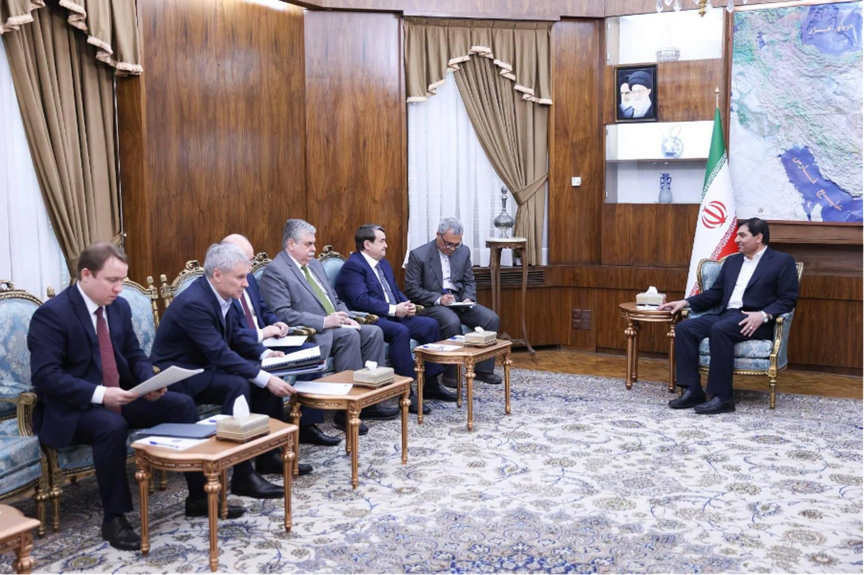 FSB officer Andrey Kharchenko (far left) at a meeting between fellow FSB officer Igor Levitin and Iran’s First Vice President Mohammad Mokhber, January 2023.