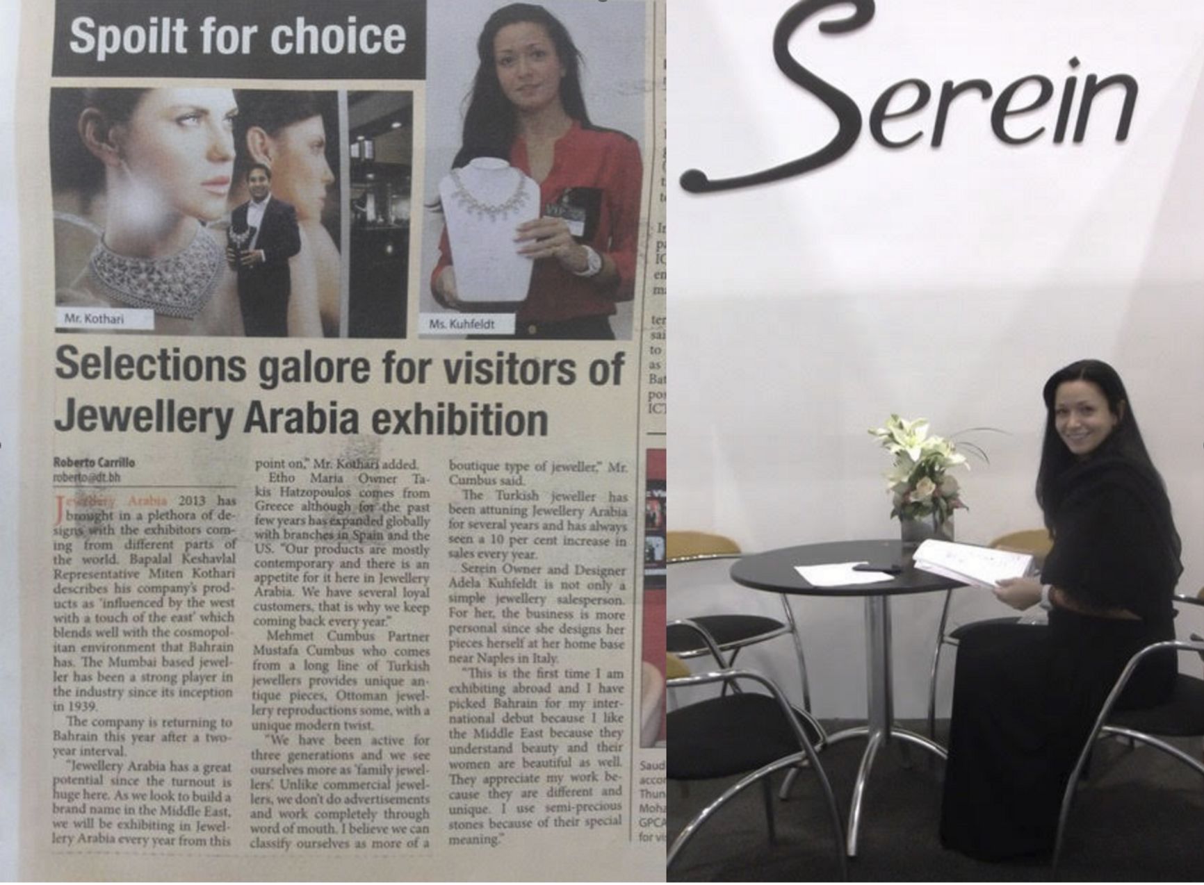 Скан статьи из бахрейнской газеты, в которой упоминается «Мария Адела Ривера Куфельдт», и ее фотография на выставке