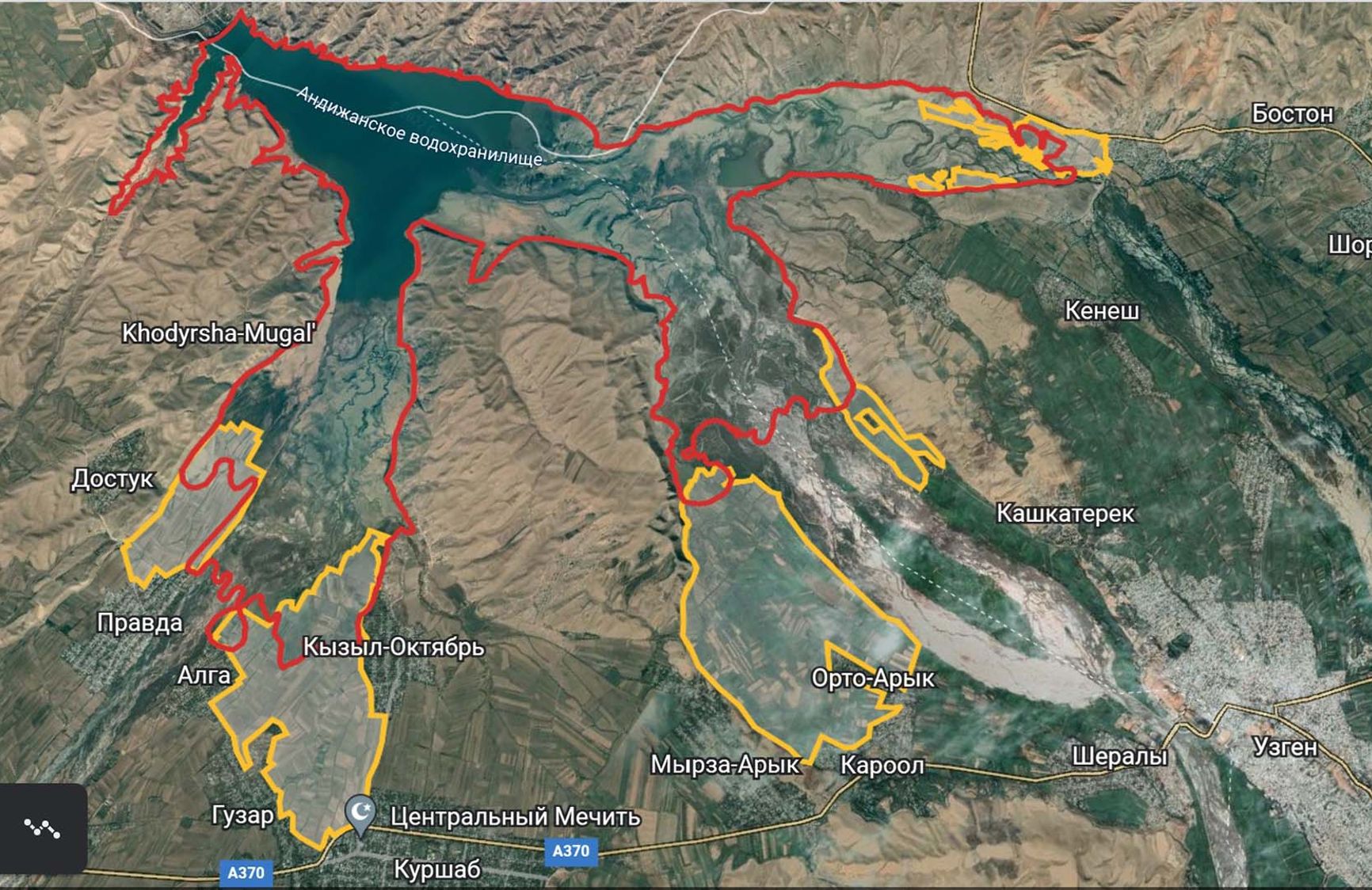 900-я горизонталь (отмечена красным) с наложением на поля в устьях трех рек – Куршаба (слева), Кара-Дарьи (в центре) и Жазы (справа вверху). Близлежащие поля местных жителей обозначены желтым