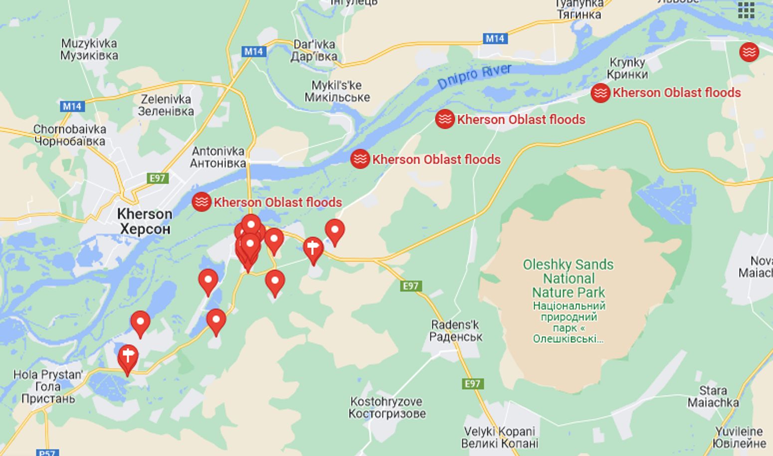 Интерактивная карта зоны бедствия, составленная волонтерами