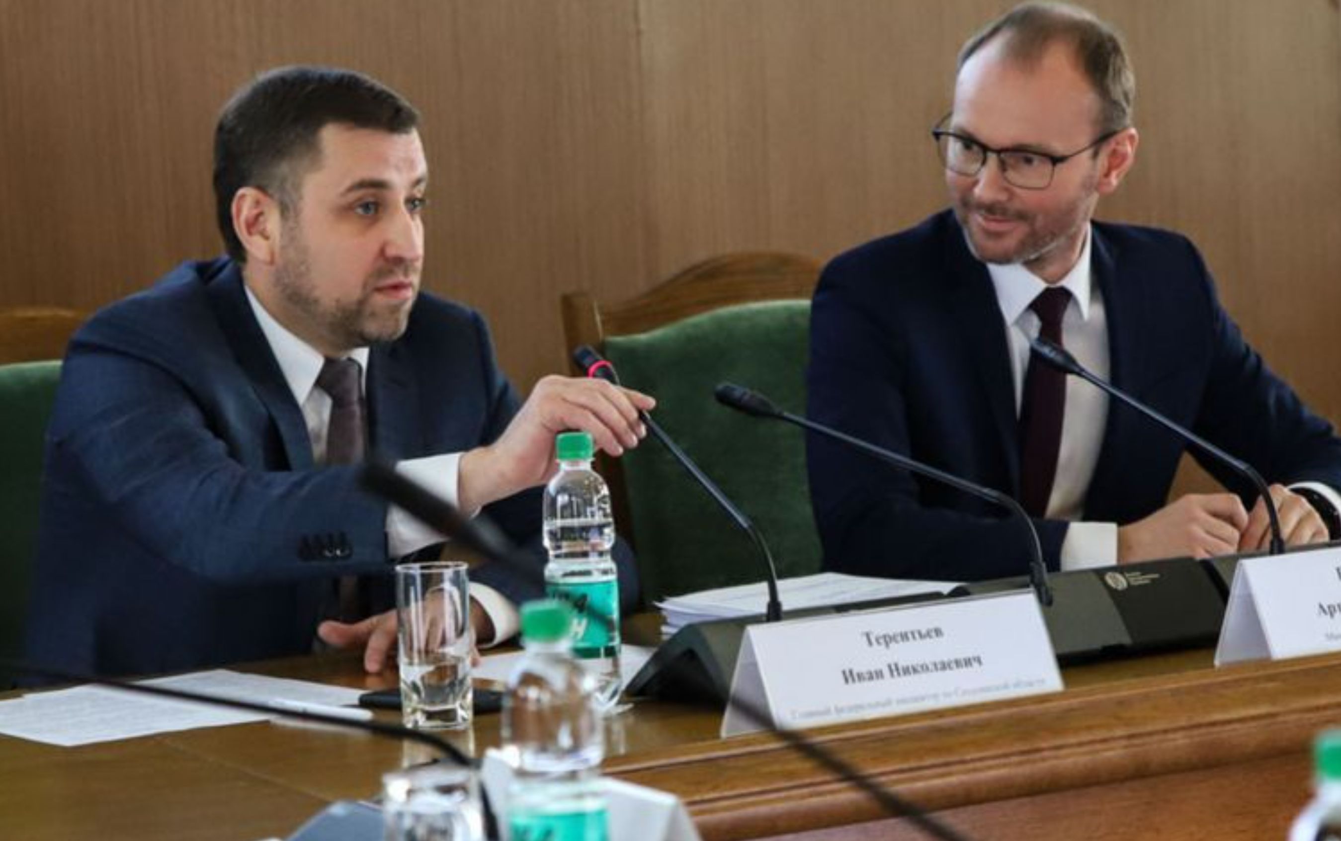 Ivan Terentiev, left, speaks at a public event in Yuzhno-Sakhalinsk in 2022. Official event photo.
