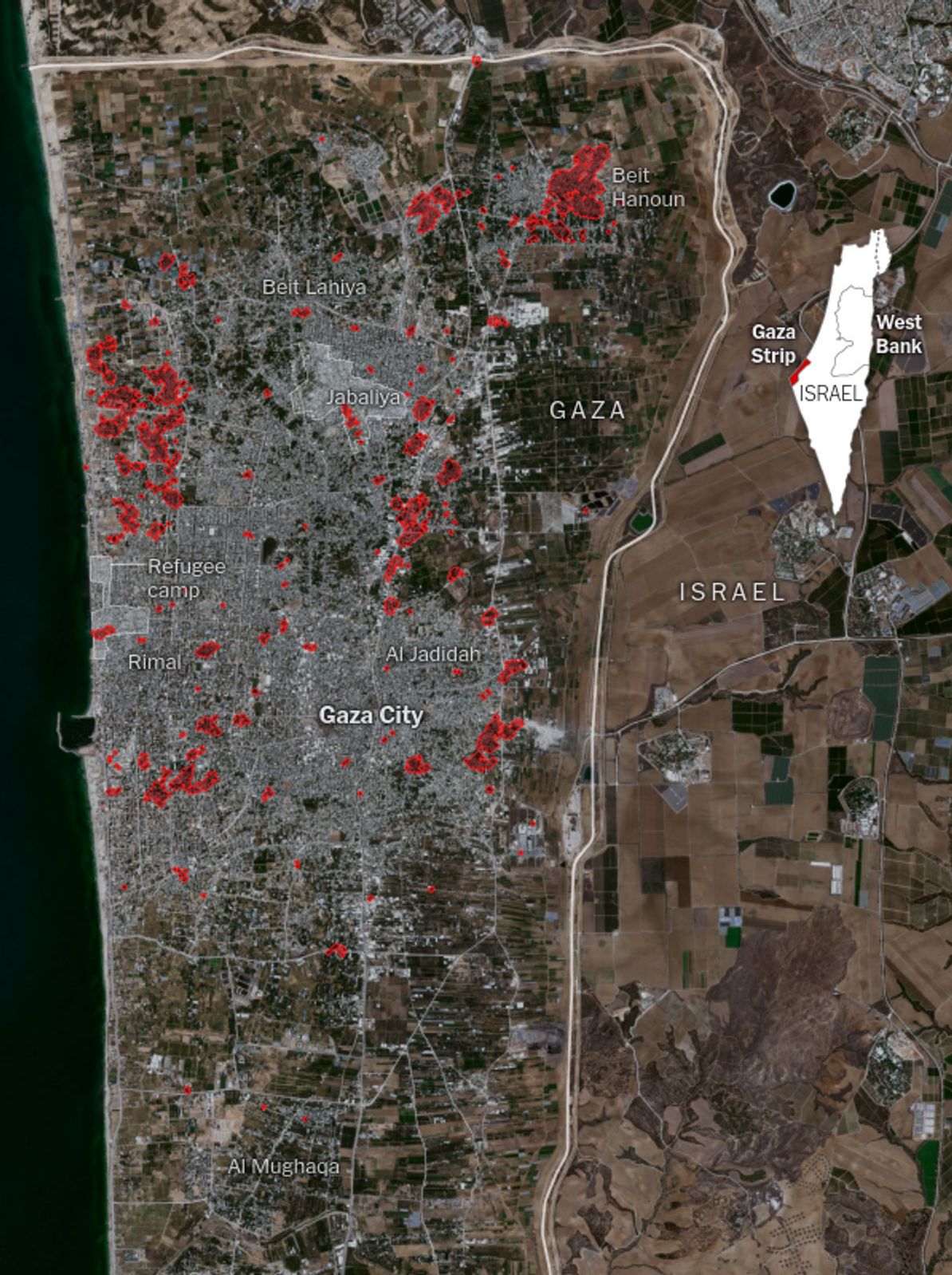 Определенные на основе анализа спутниковых снимков места воздушных ударов по северной части сектора Газа