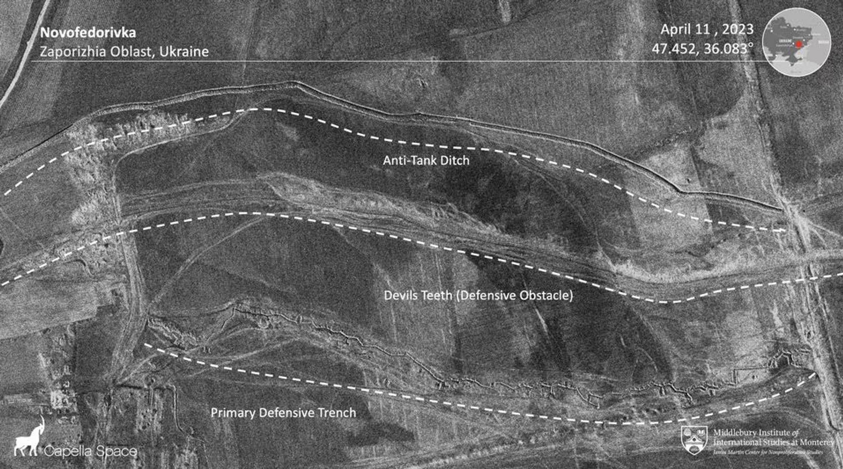 Спутниковый снимок российских оборонительных сооружений в Новофёдоровке (Запорожская область)
