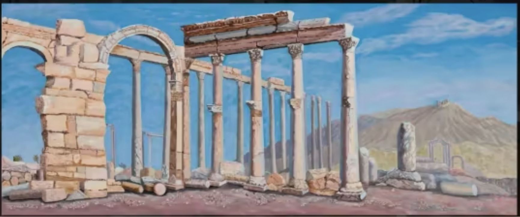 Одна из работ, выставленных в художественной галерее Виолетты Пригожиной, — пейзаж под названием «Пальмира в 2022 году» в честь древнего сирийского города, где базировались силы ЧВК Вагнера