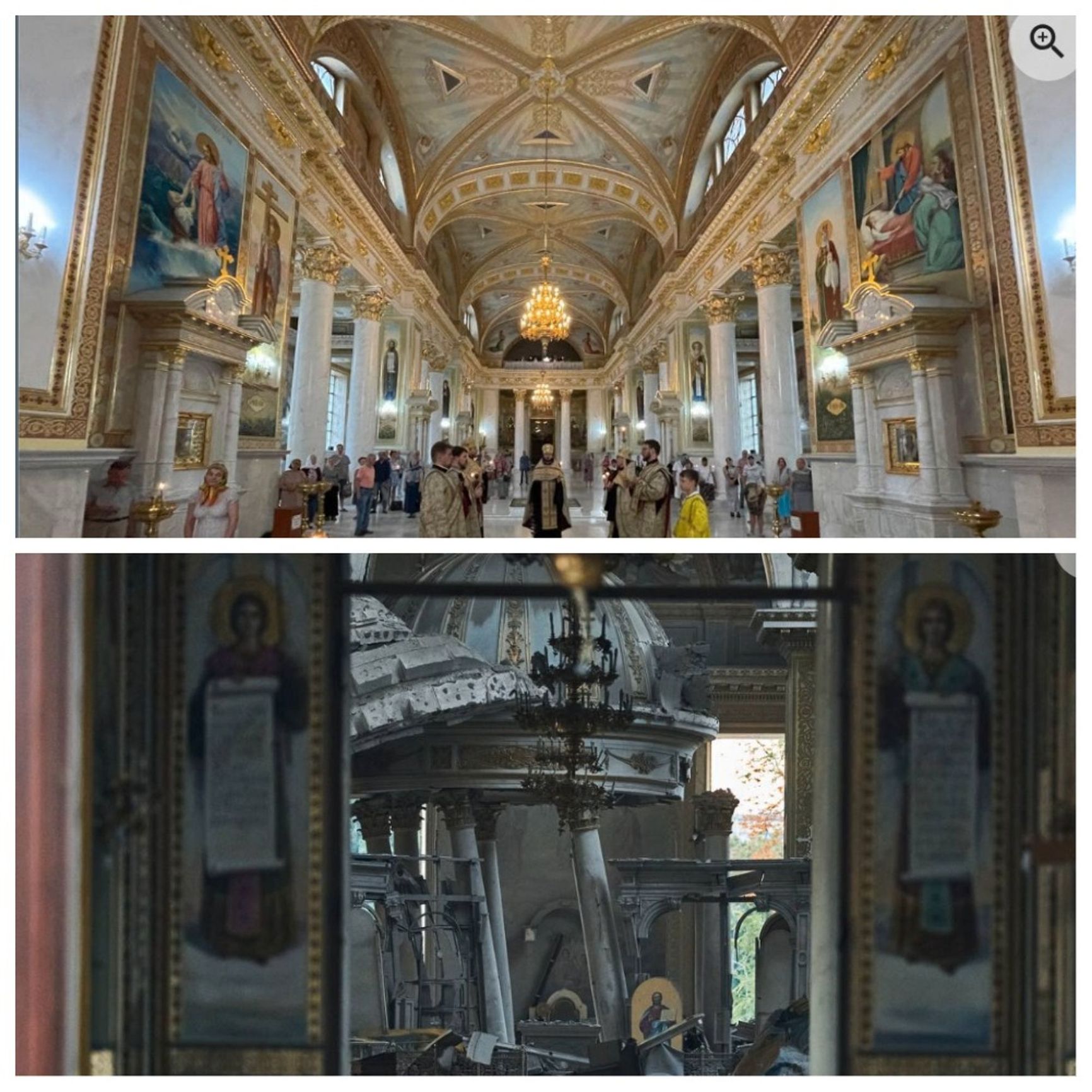 The Transfiguration Cathedral before and after the Russian attack