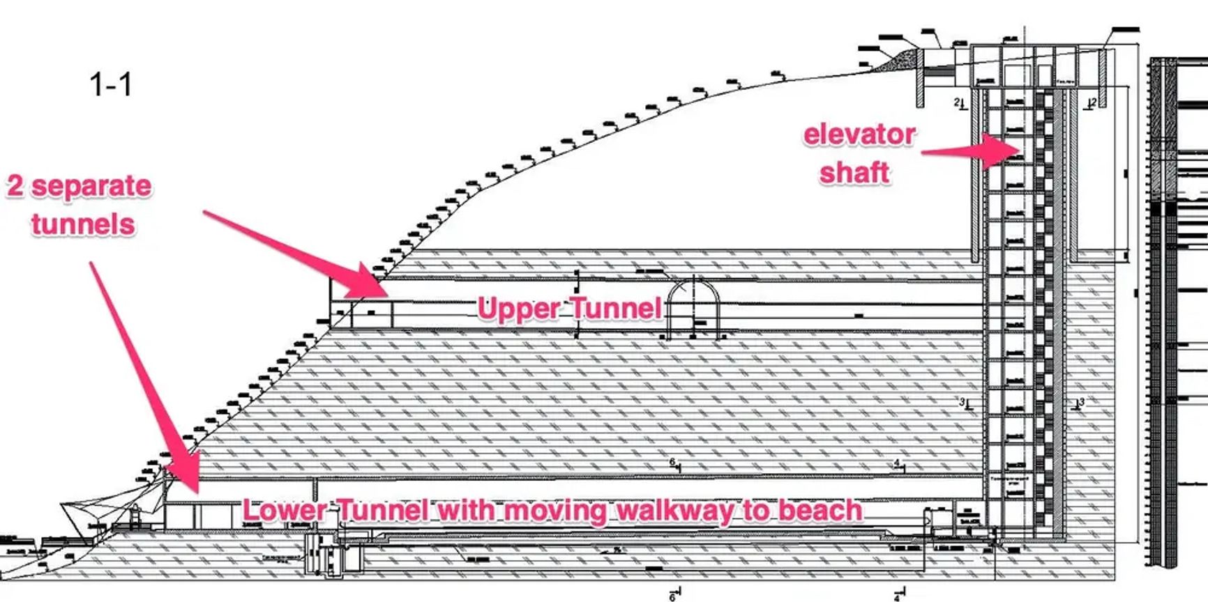 A cross-section of the hillside shows two tunnels connected by an elevator, at right.