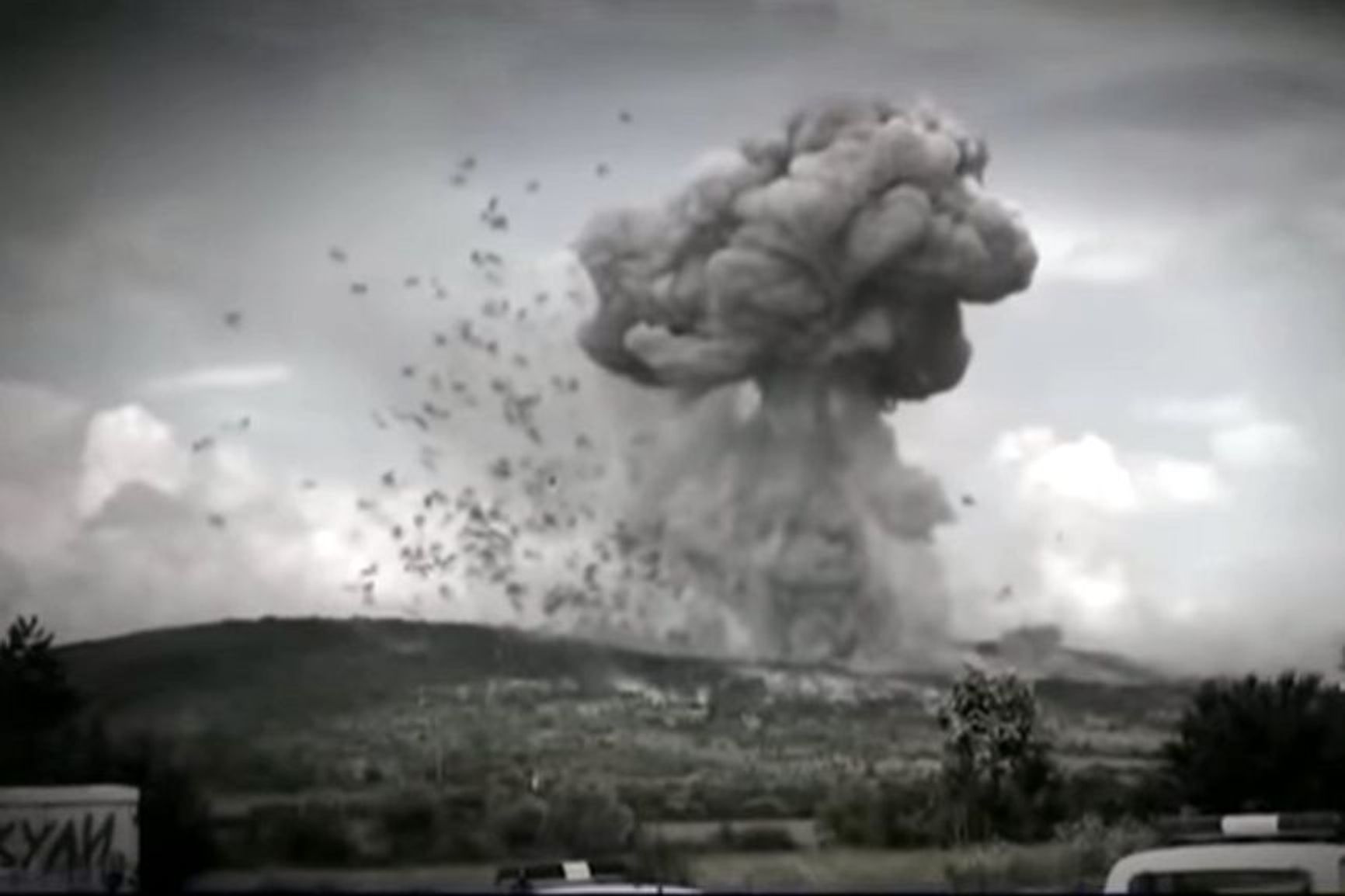 Screengrab from the moment of one of the serial explosions, caught by Bulgarian TV crews arriving near the scene on 12 November 2011