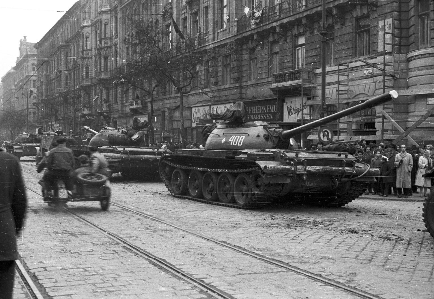 A convoy of Soviet T-54 tanks in Budapest, 1956 