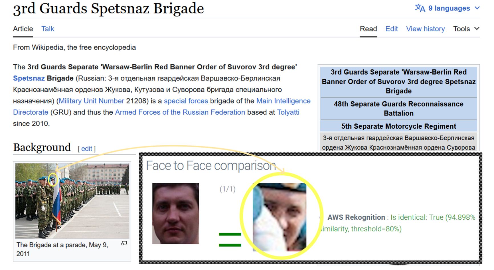 Родионову было бы проще скрыть свою принадлежность к спецназу ГРУ, если бы его лицо не светилось на странице в Википедии в статье о его бригаде