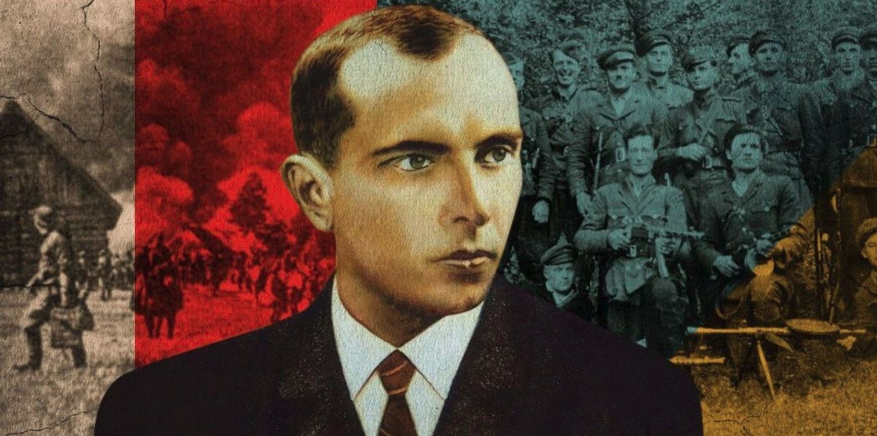 A modern collage with a portrait of Stepan Bandera