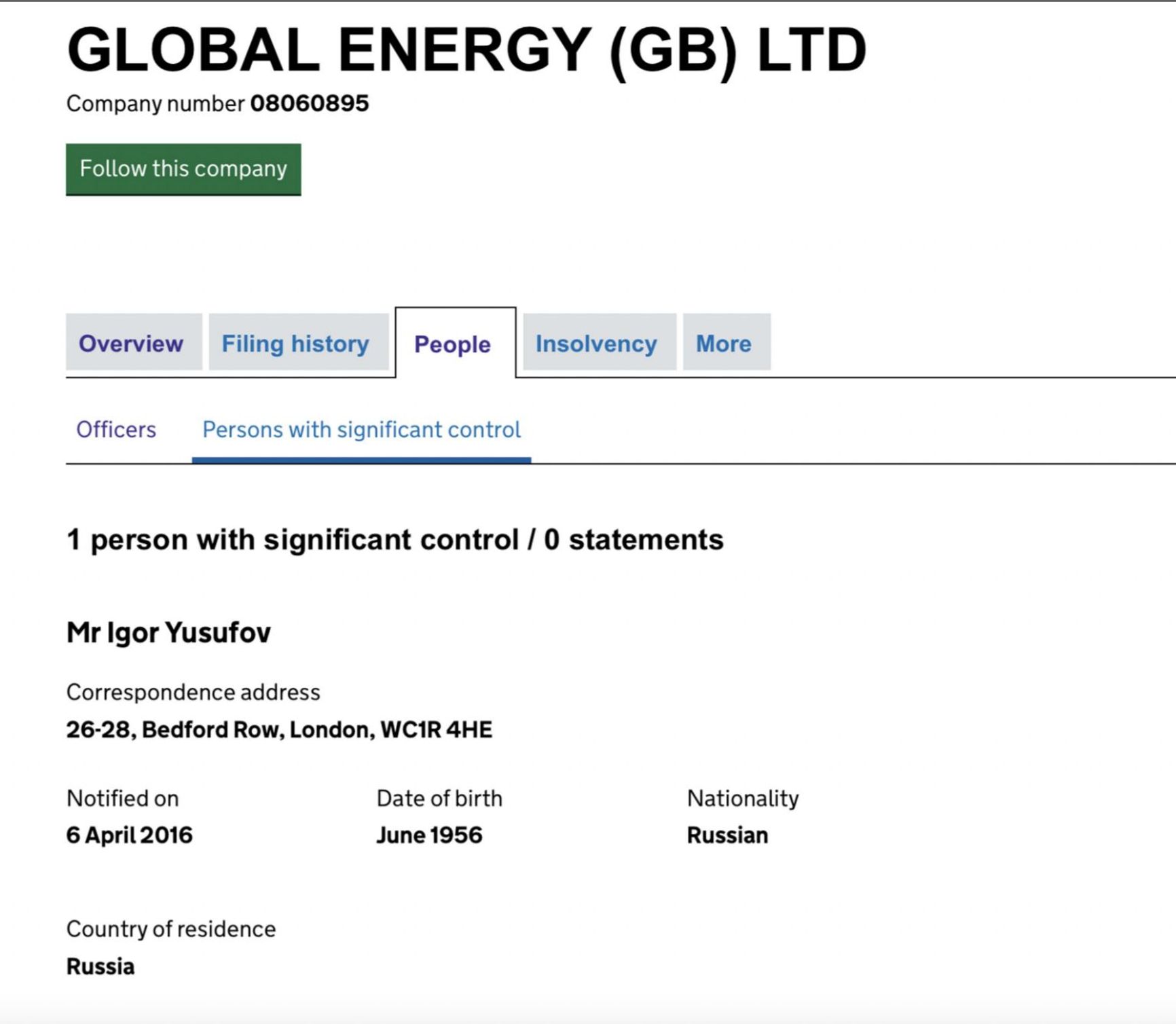 The British company Global Energy was in business until November 2020