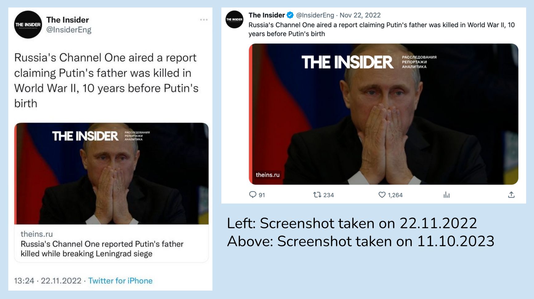The same post in The Insider's account before and after Twitter started removing headlines